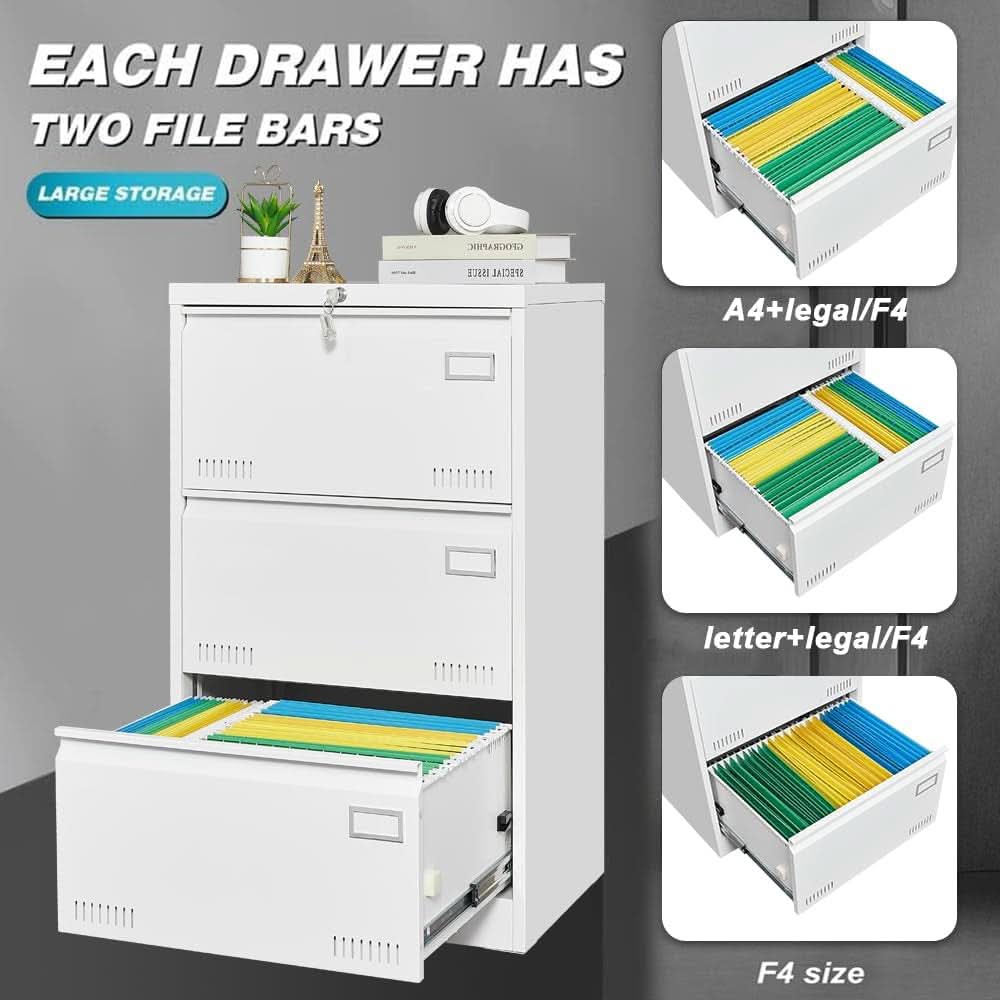 White Steel Lateral File Cabinet 3 Drawer With Lock