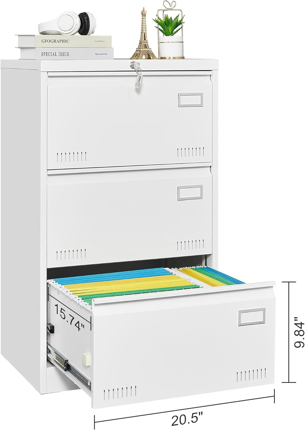 White Steel Lateral File Cabinet 3 Drawer With Lock