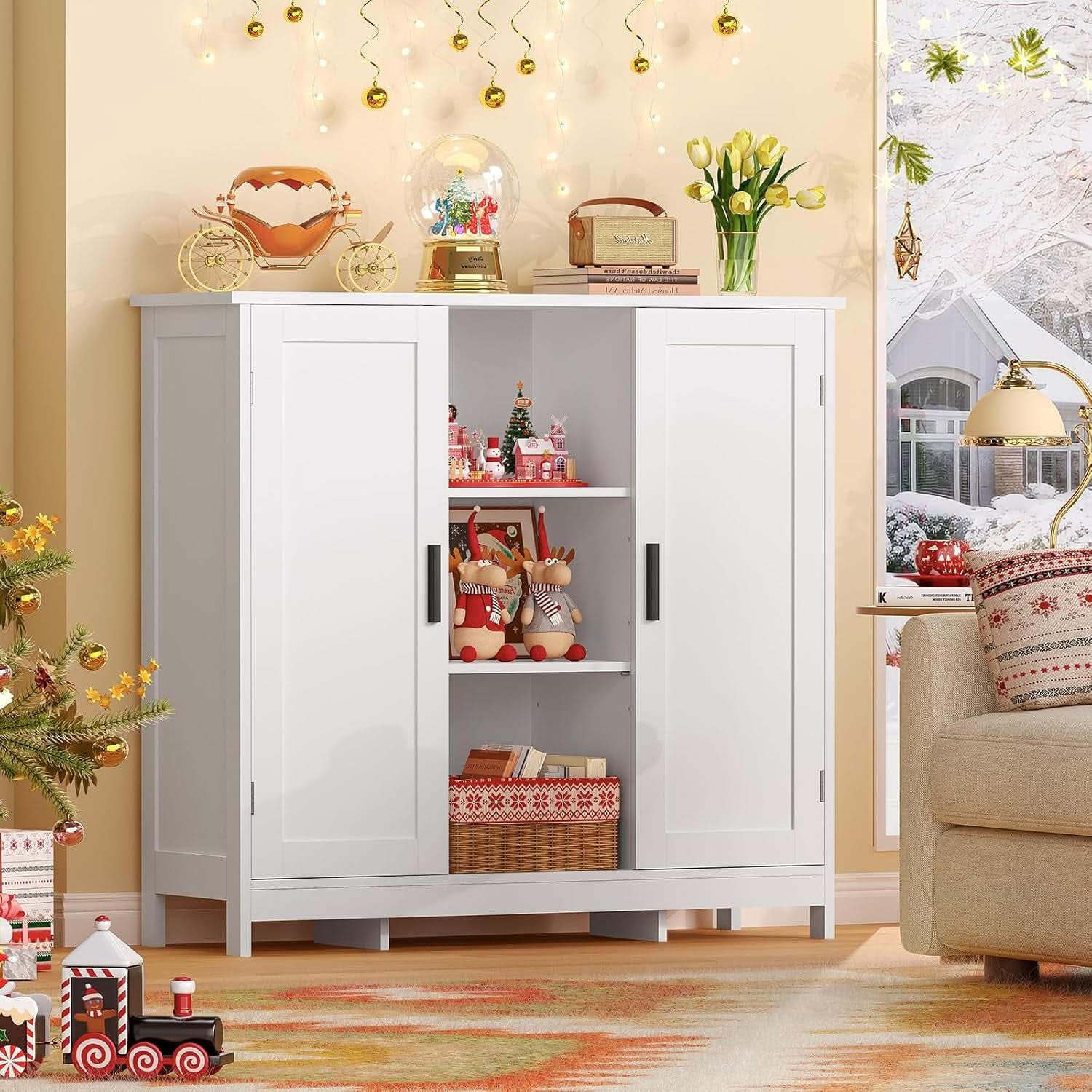 White Storage Cabinet With 2 Doors And 4 Adjustable Shelves