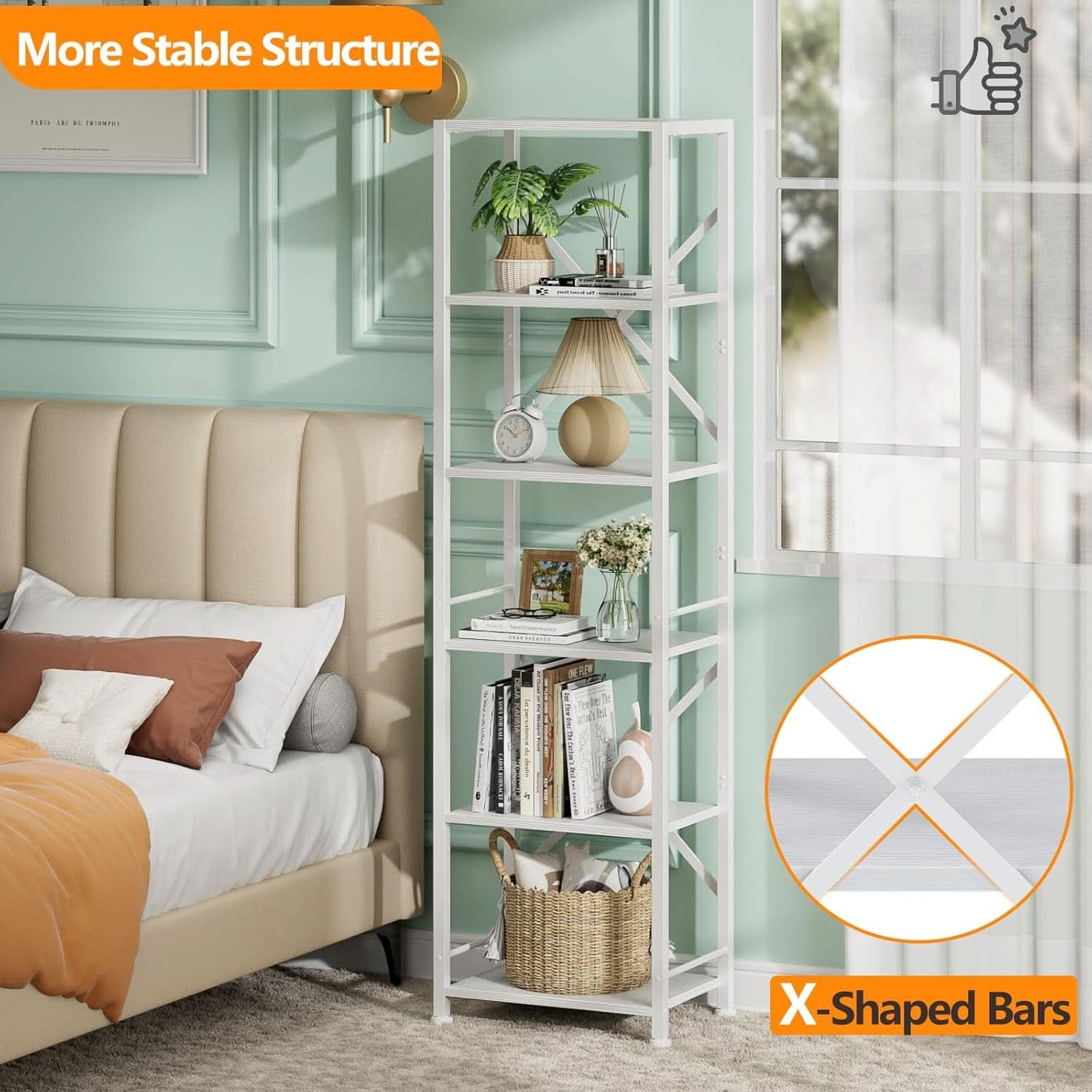 White Tall Bookshelf 6 Shelf Freestanding Bookcase