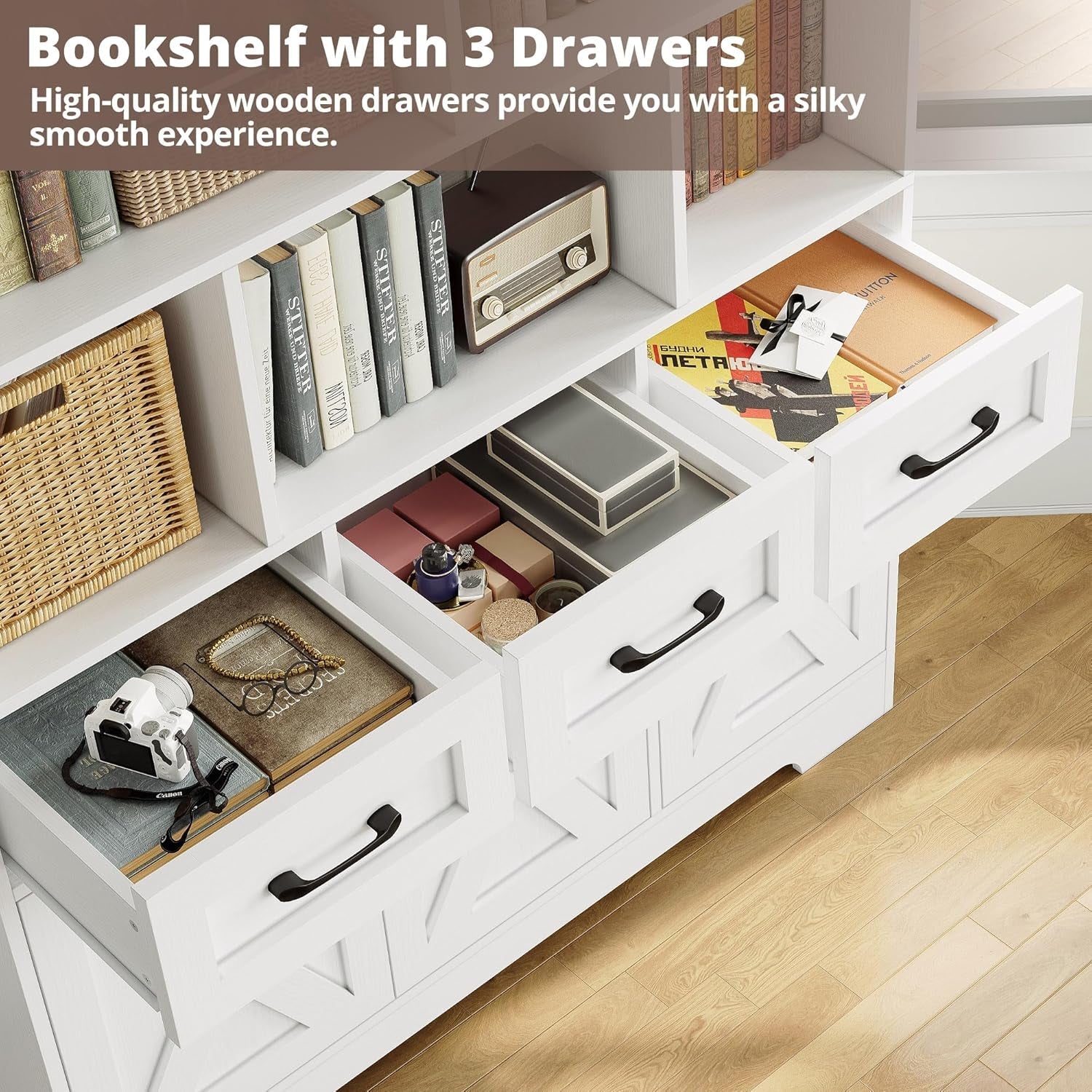 White Tall Bookshelf With Drawers And Cabinets Farmhouse