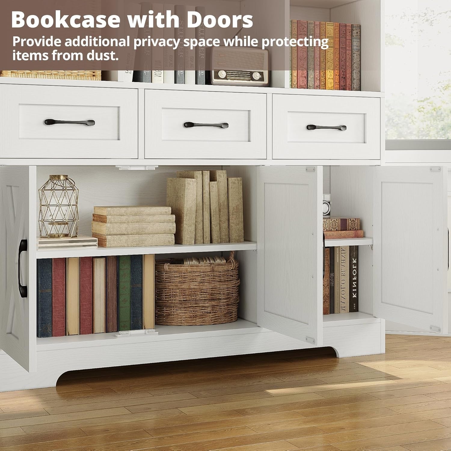 White Tall Bookshelf With Drawers And Cabinets Farmhouse