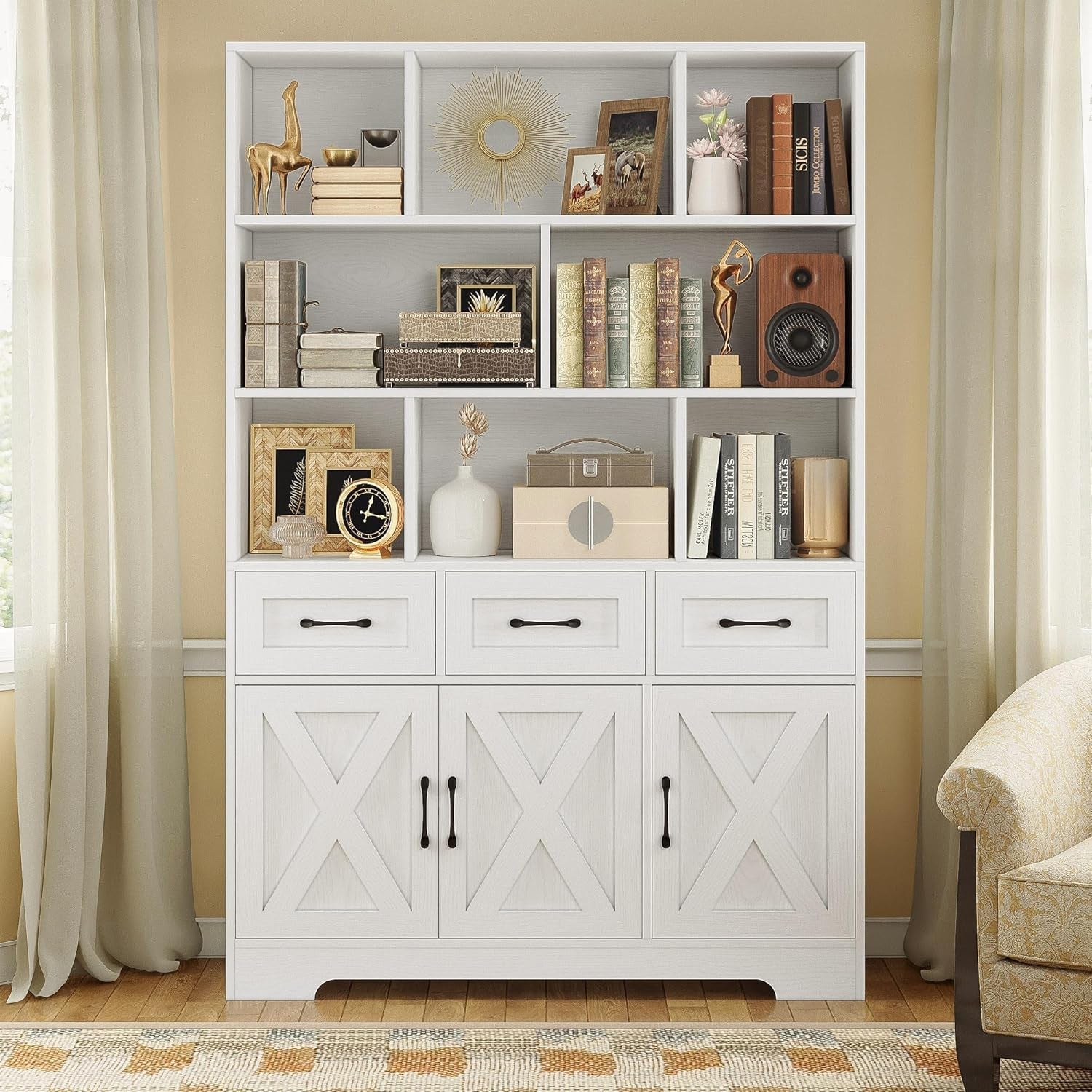 White Tall Bookshelf With Drawers And Cabinets Farmhouse