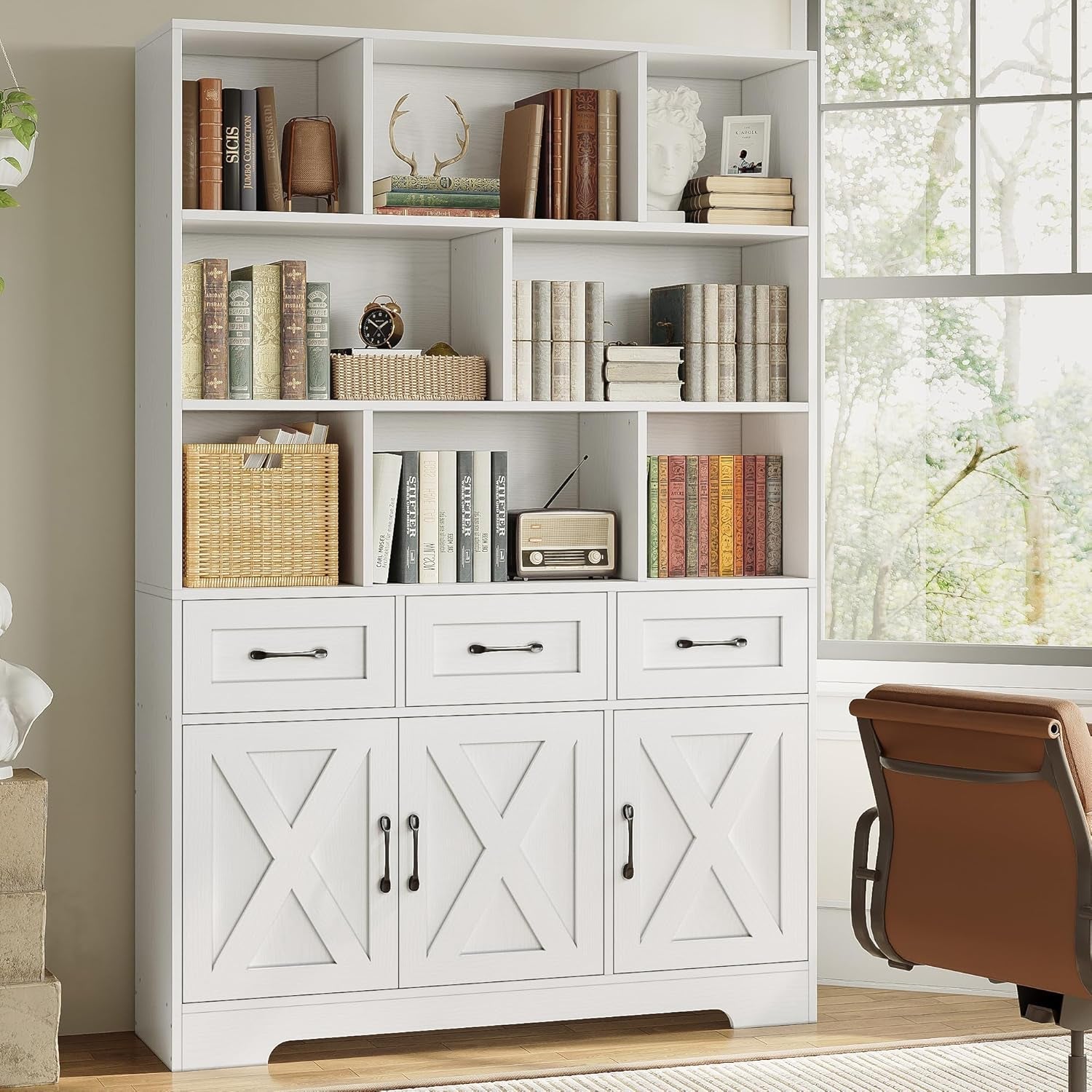 White Tall Bookshelf With Drawers And Cabinets Farmhouse