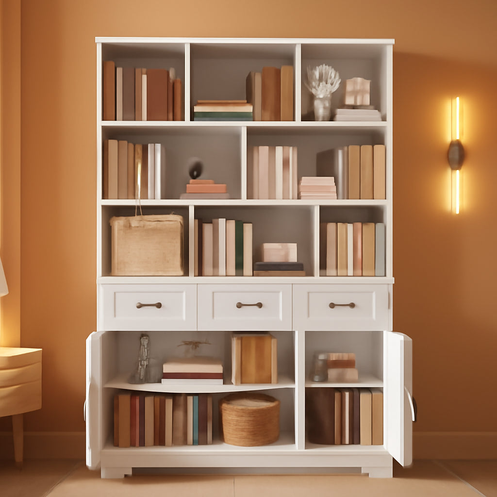 White Tall Bookshelf With Drawers And Cabinets Farmhouse