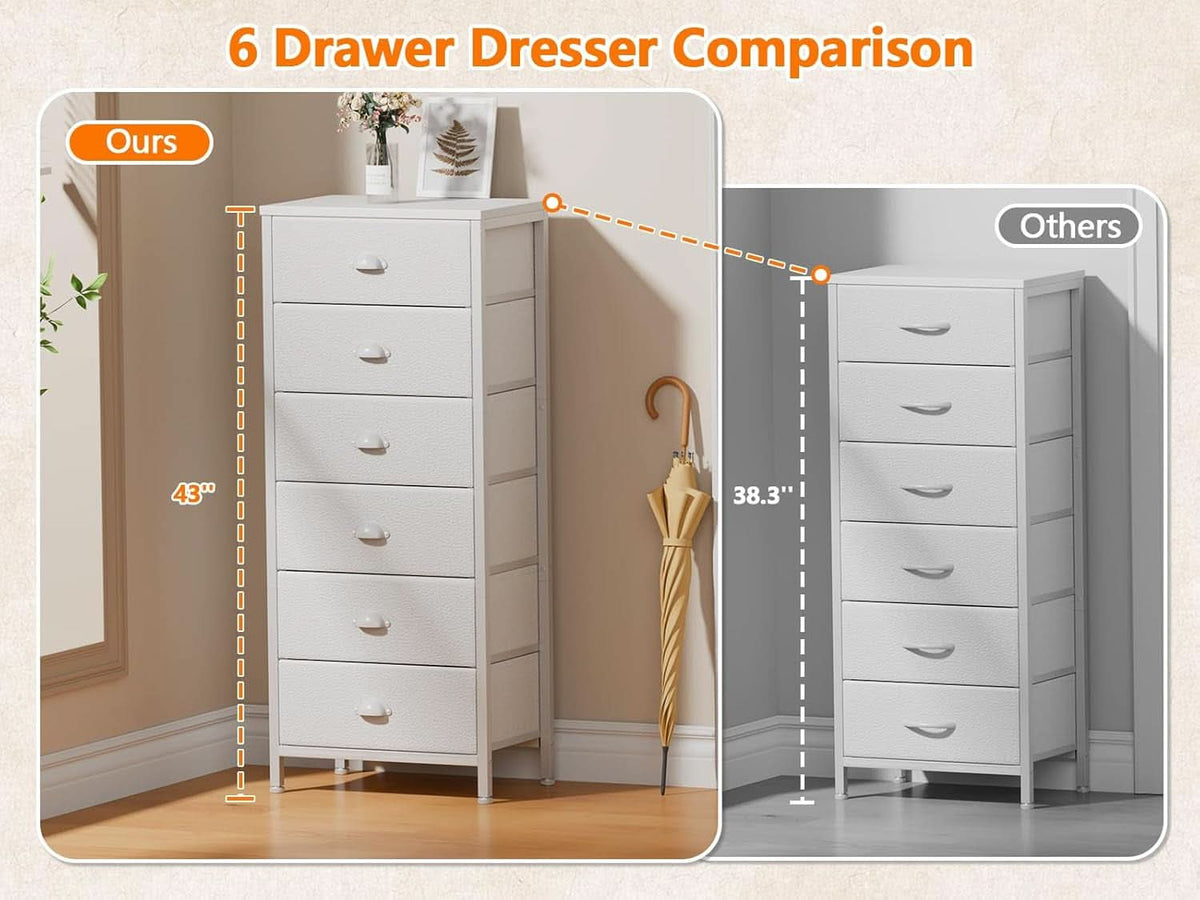 White Tall Dresser With Six Fabric Drawers For Organization