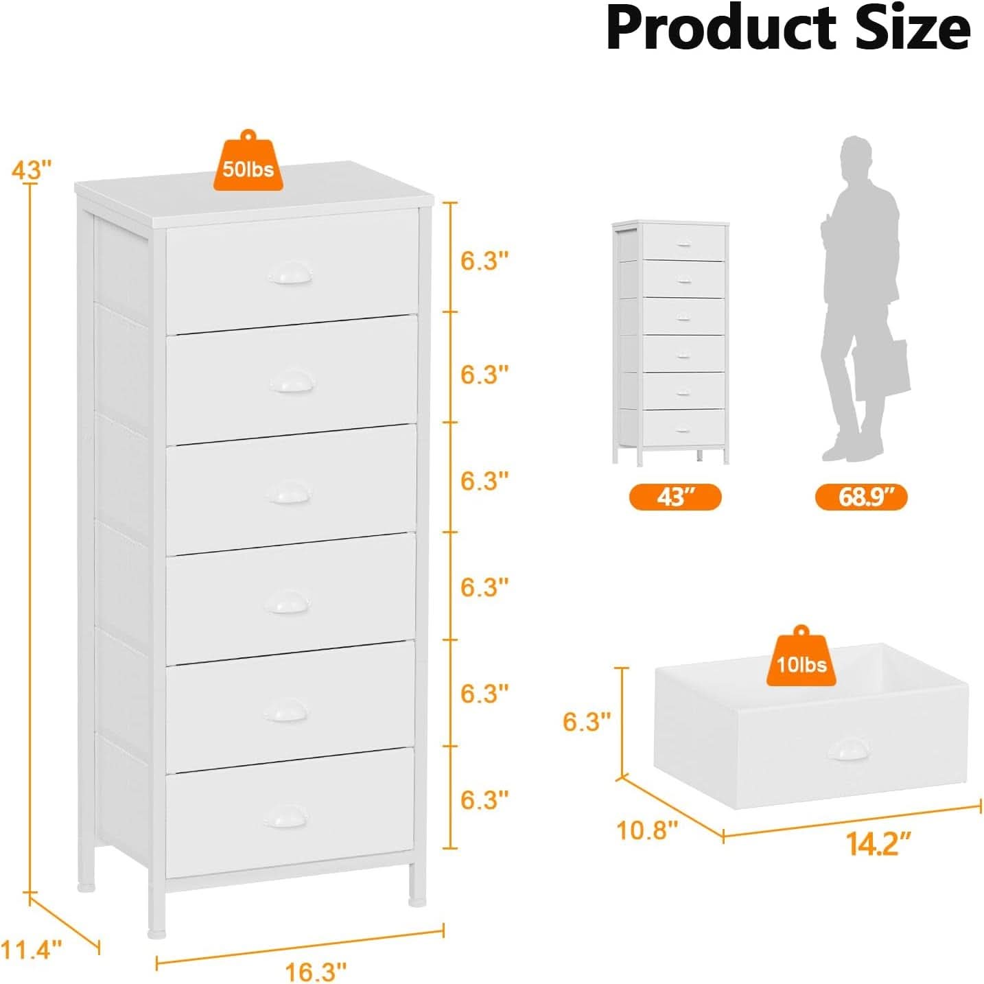 White Tall Dresser With Six Fabric Drawers For Organization