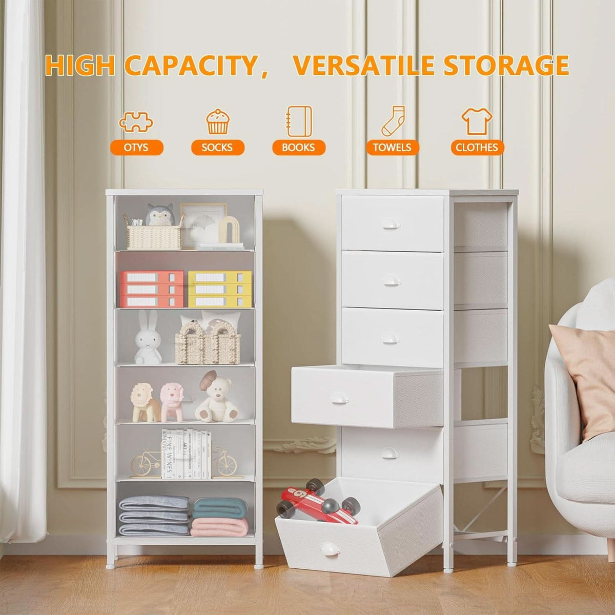 White Tall Dresser With Six Fabric Drawers For Organization