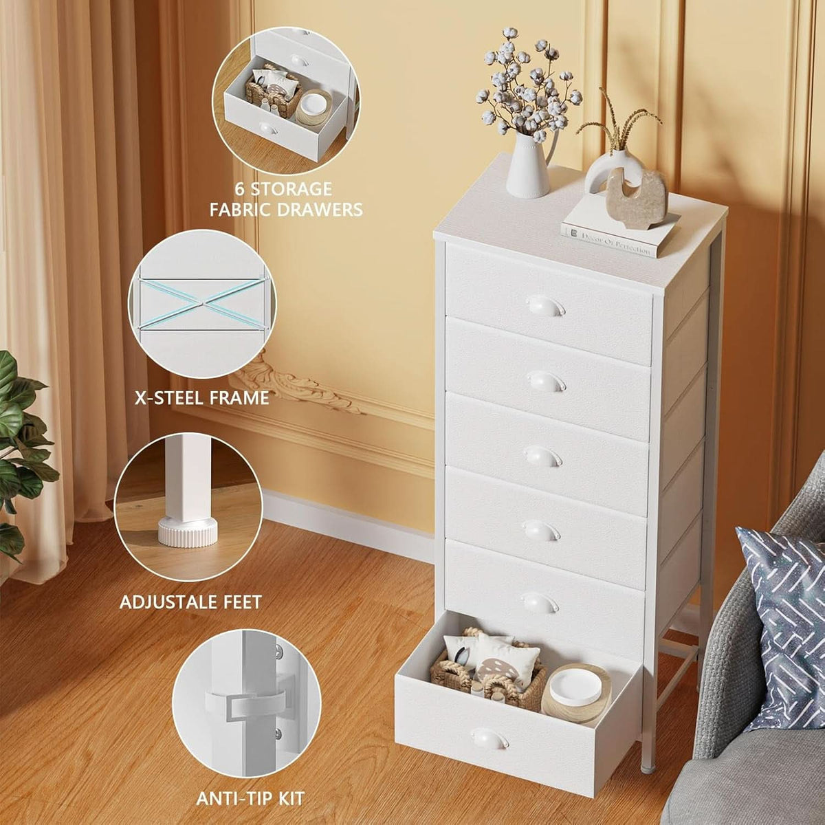 White Tall Dresser With Six Fabric Drawers For Organization