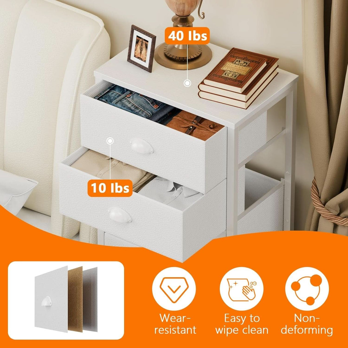 White Tall Dresser With Six Fabric Drawers For Organization