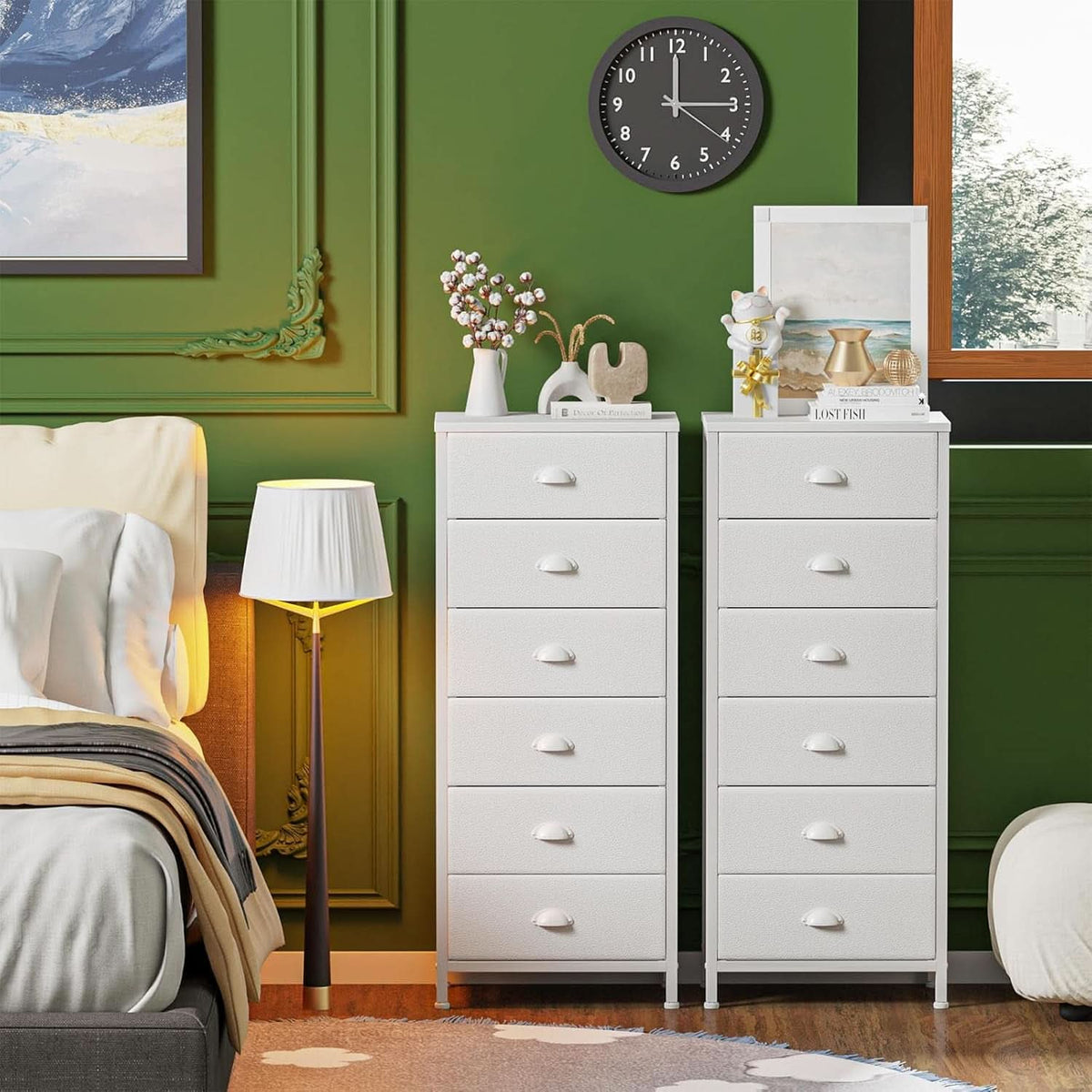 White Tall Dresser With Six Fabric Drawers For Organization