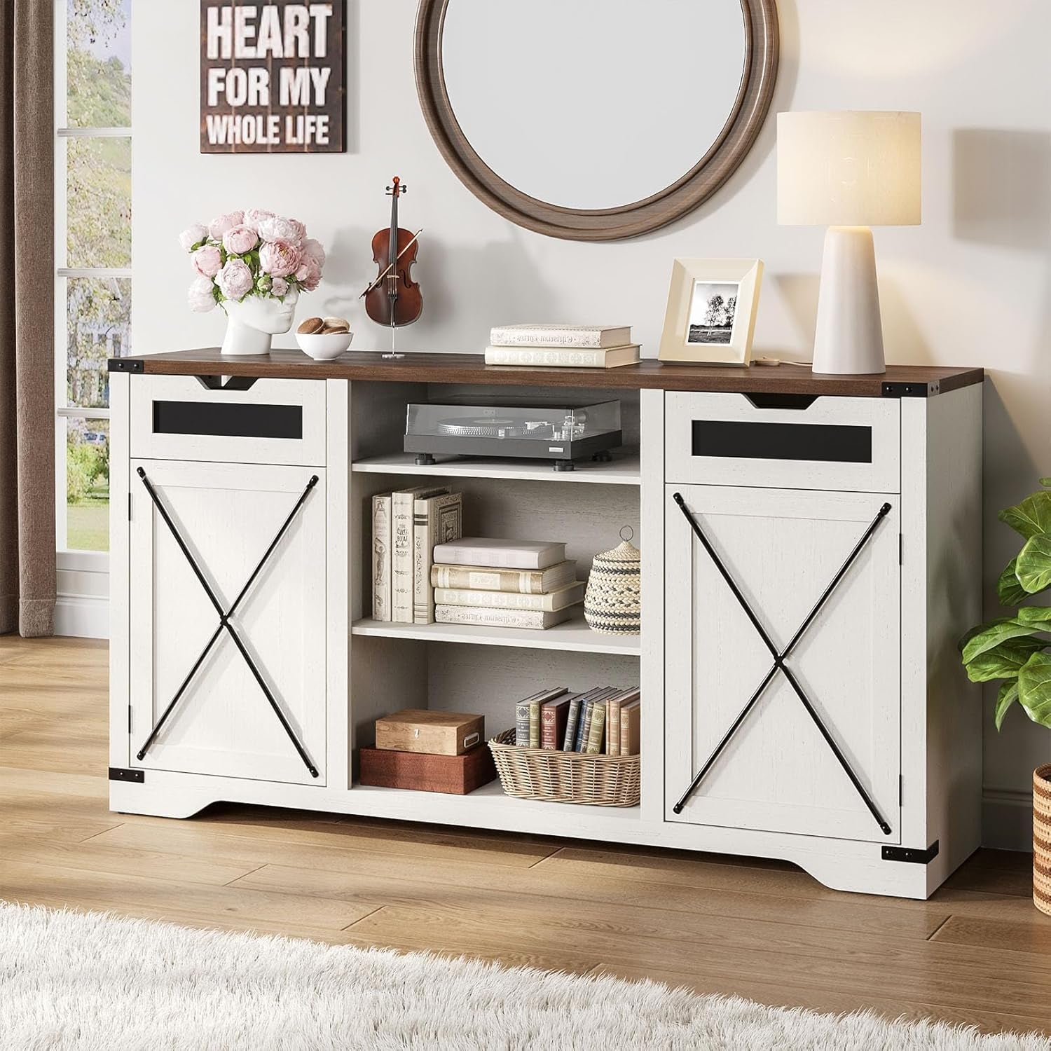 White Tall TV Stand With Adjustable Shelves For 65 Inch TV