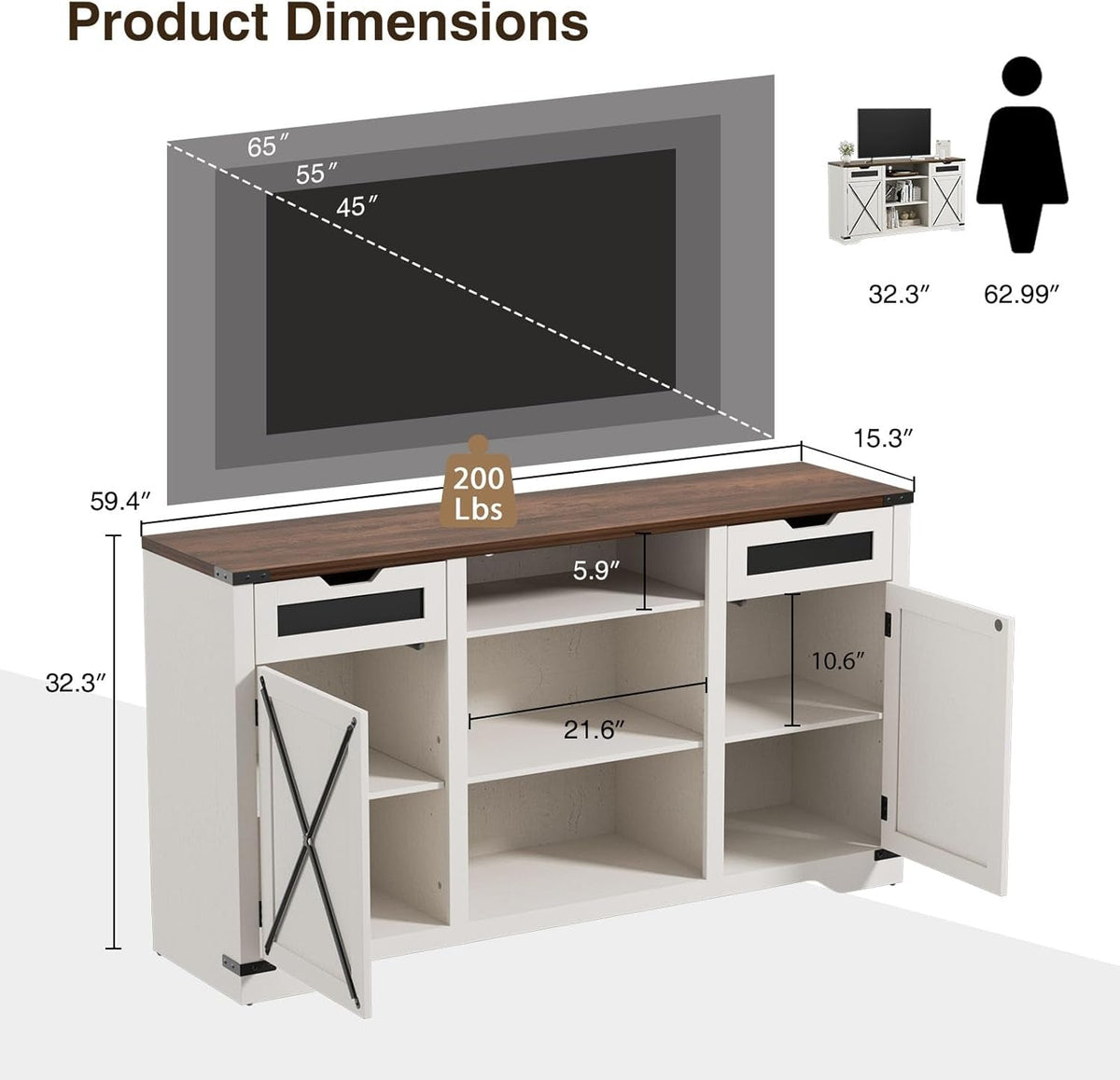 White Tall TV Stand With Adjustable Shelves For 65 Inch TV