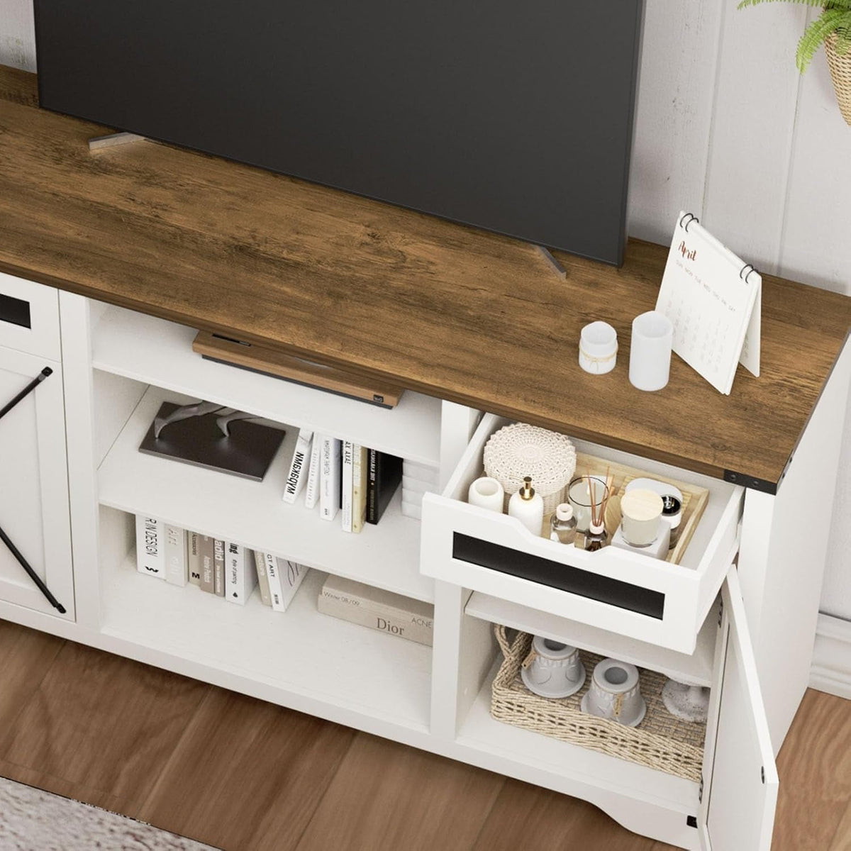 White Tall TV Stand With Adjustable Shelves For 65 Inch TV