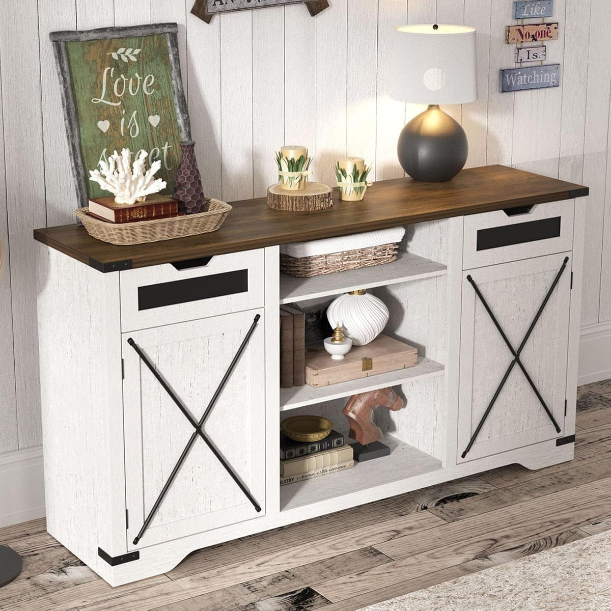 White Tall TV Stand With Adjustable Shelves For 65 Inch TV
