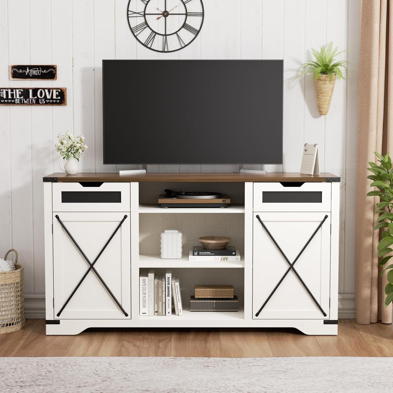 White Tall TV Stand With Adjustable Shelves For 65 Inch TV