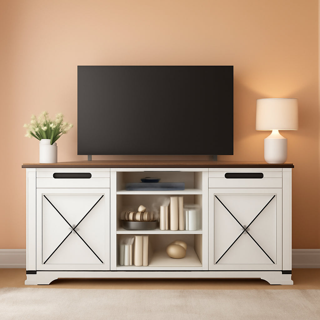White Tall TV Stand With Adjustable Shelves For 65 Inch TV