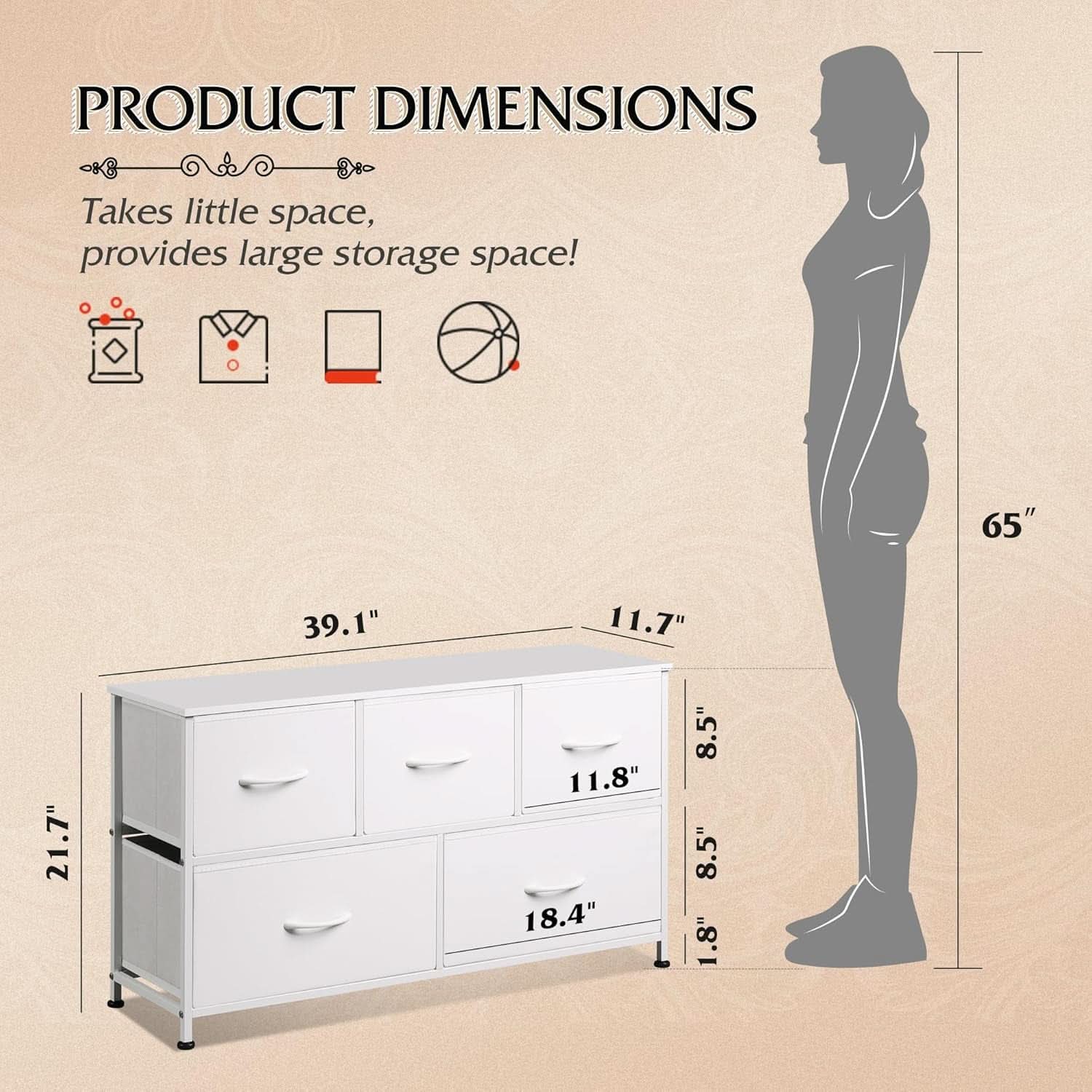 White TexturedFabric Dresser With Five Deep Drawers