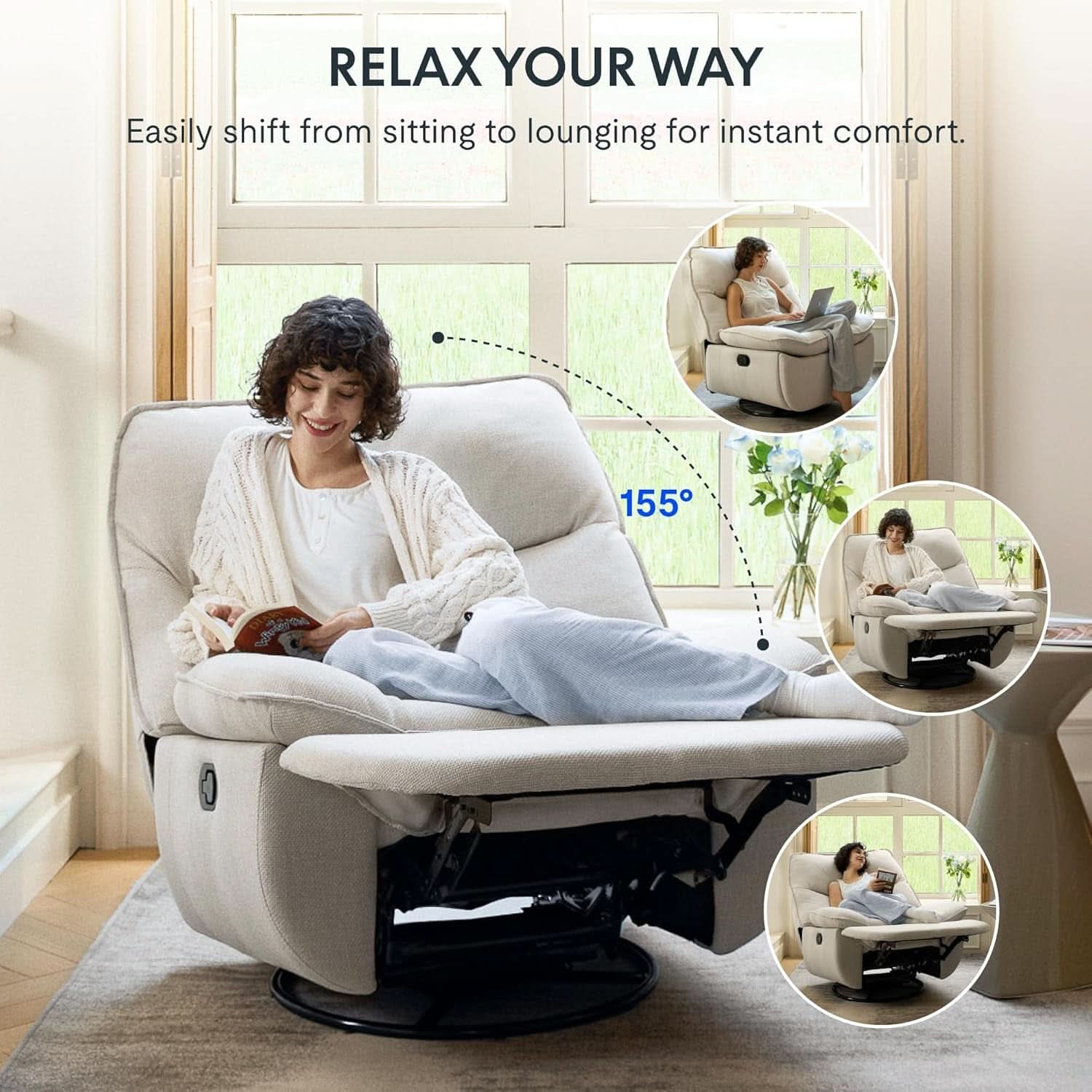 White Three Sixty Degree Swivel Rocker Recliner Chair