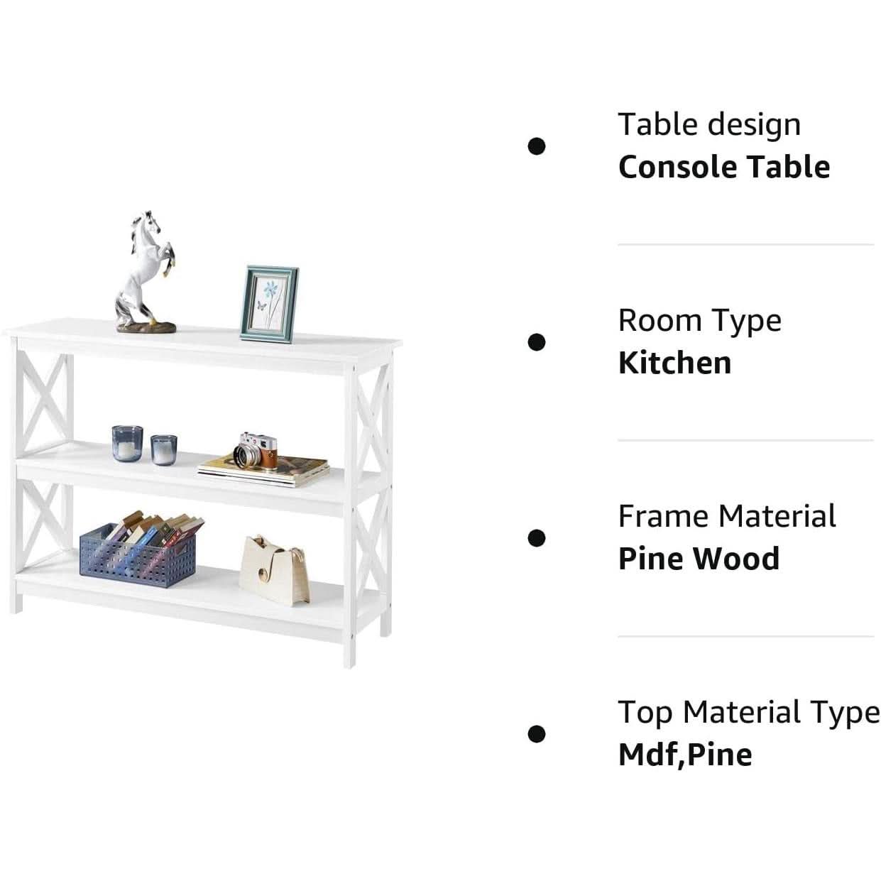 White Three Tier Console Table With Storage Shelves