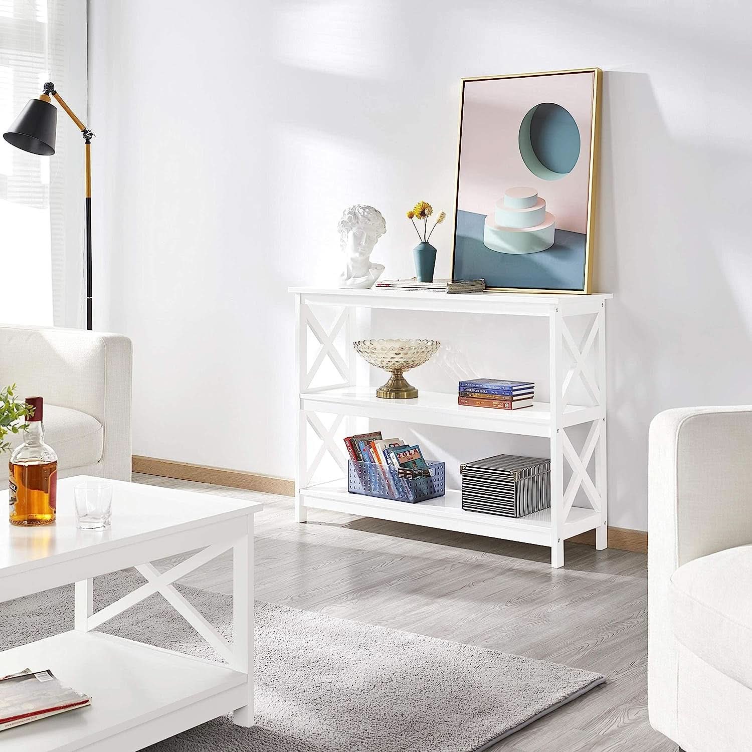 White Three Tier Console Table With Storage Shelves