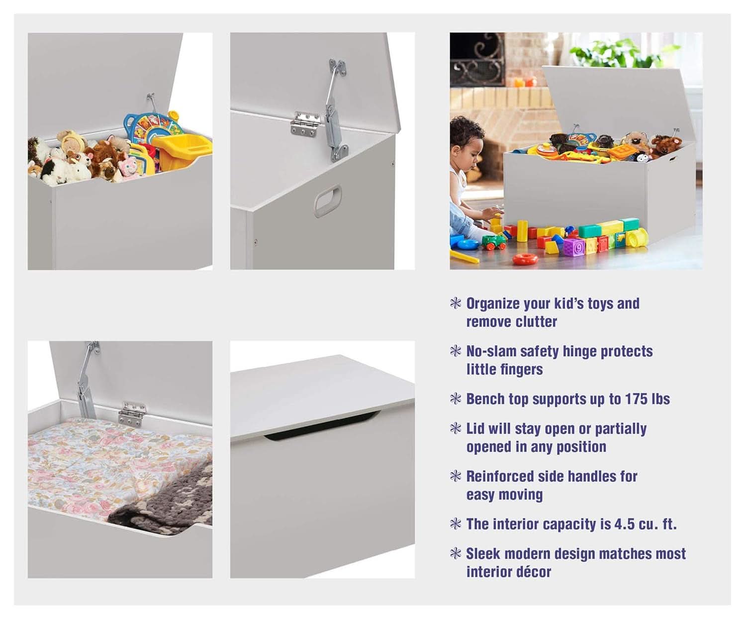 White Toy Storage Chest Bench FourCubicFeet FlipTopLid