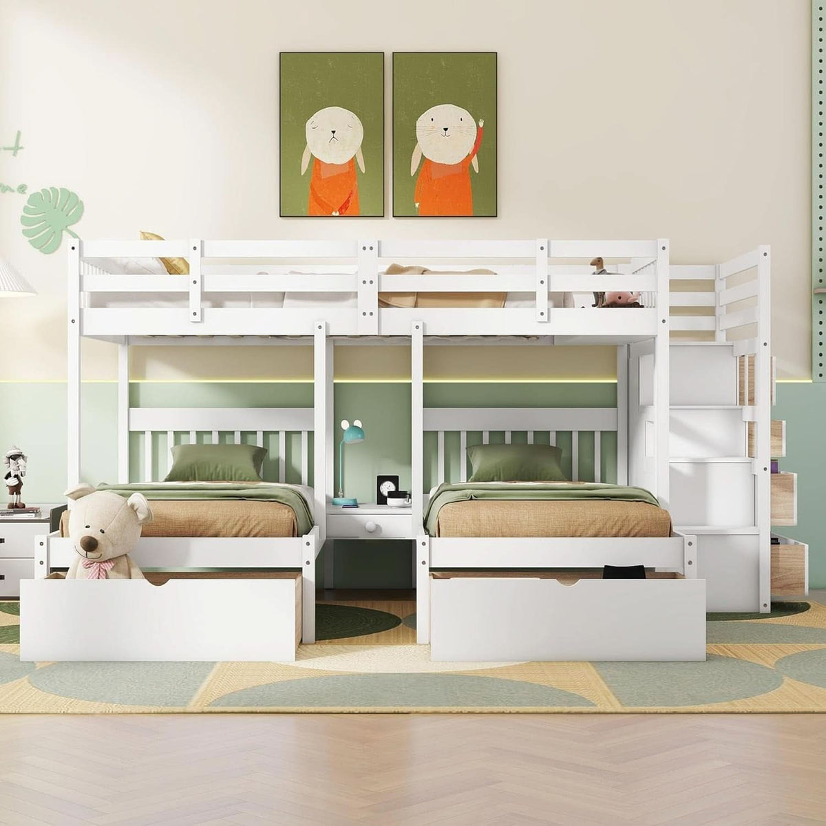 White Triple Bunk Bed With Storage Staircase Full Over Twin And Twin Bunk Bed