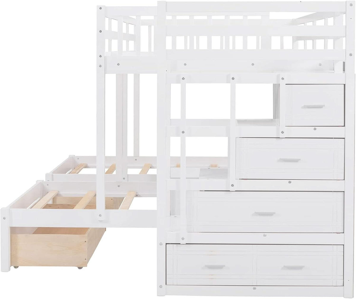 White Triple Bunk Bed With Storage Staircase Full Over Twin And Twin Bunk Bed