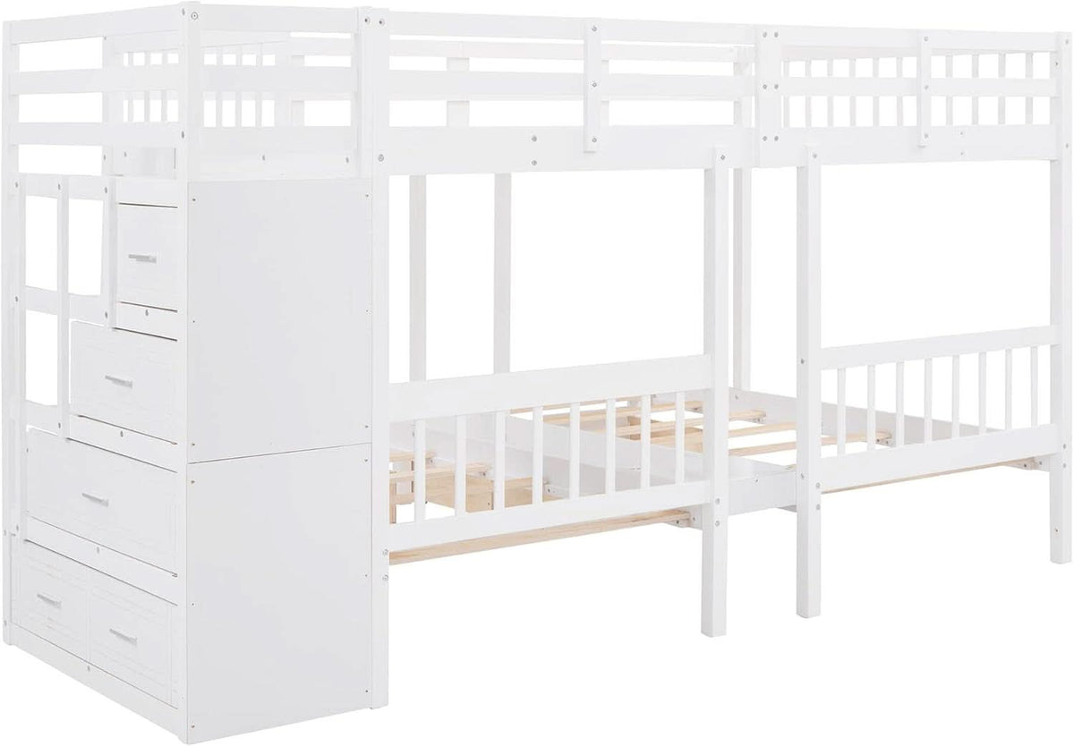 White Triple Bunk Bed With Storage Staircase Full Over Twin And Twin Bunk Bed