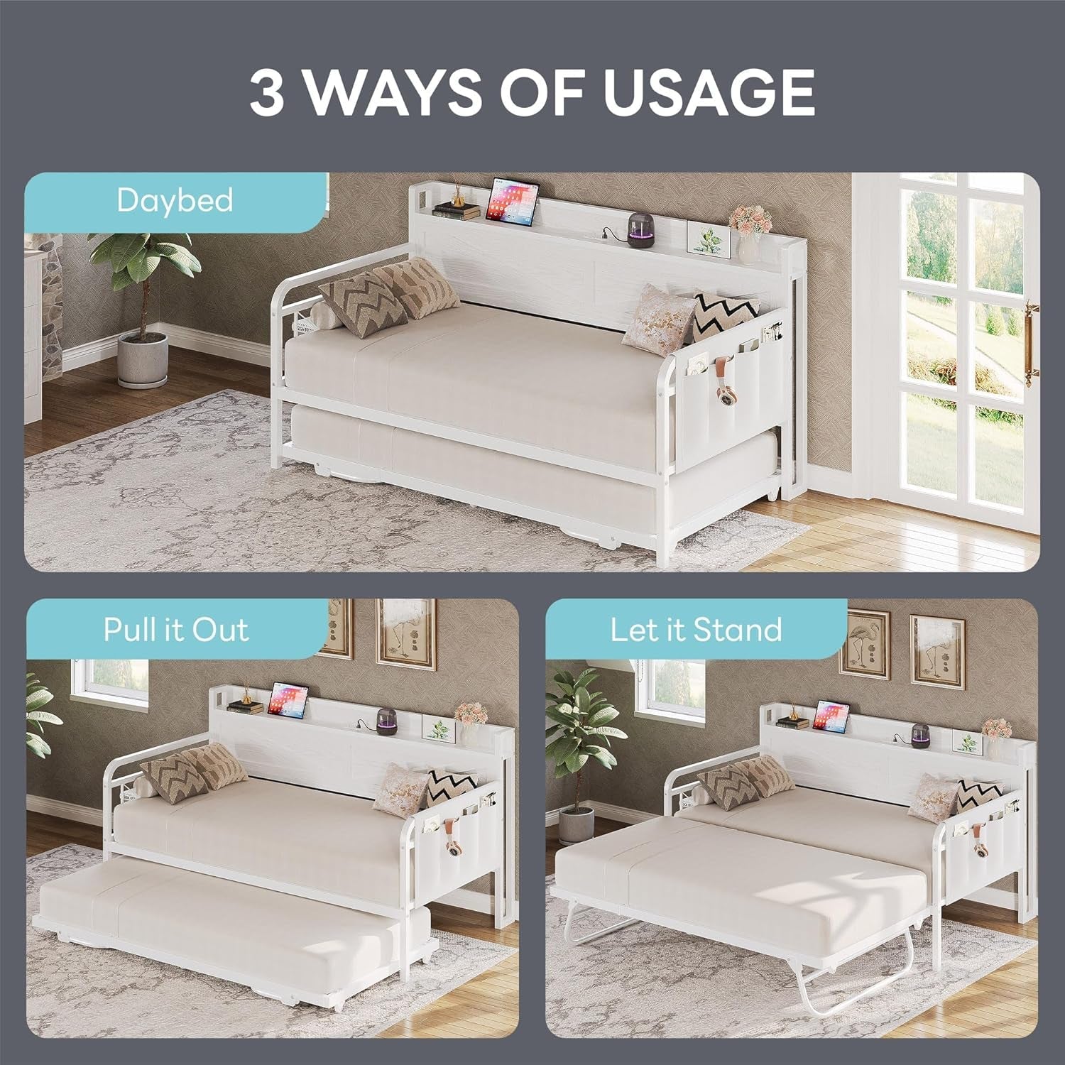 White Twin Daybed With Trundle And Storage Headboard
