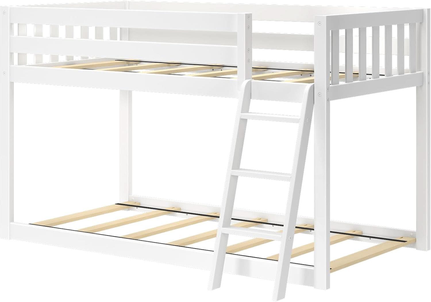 White Twin Low Bunk Bed Solid Wood Frame For Kids Safe