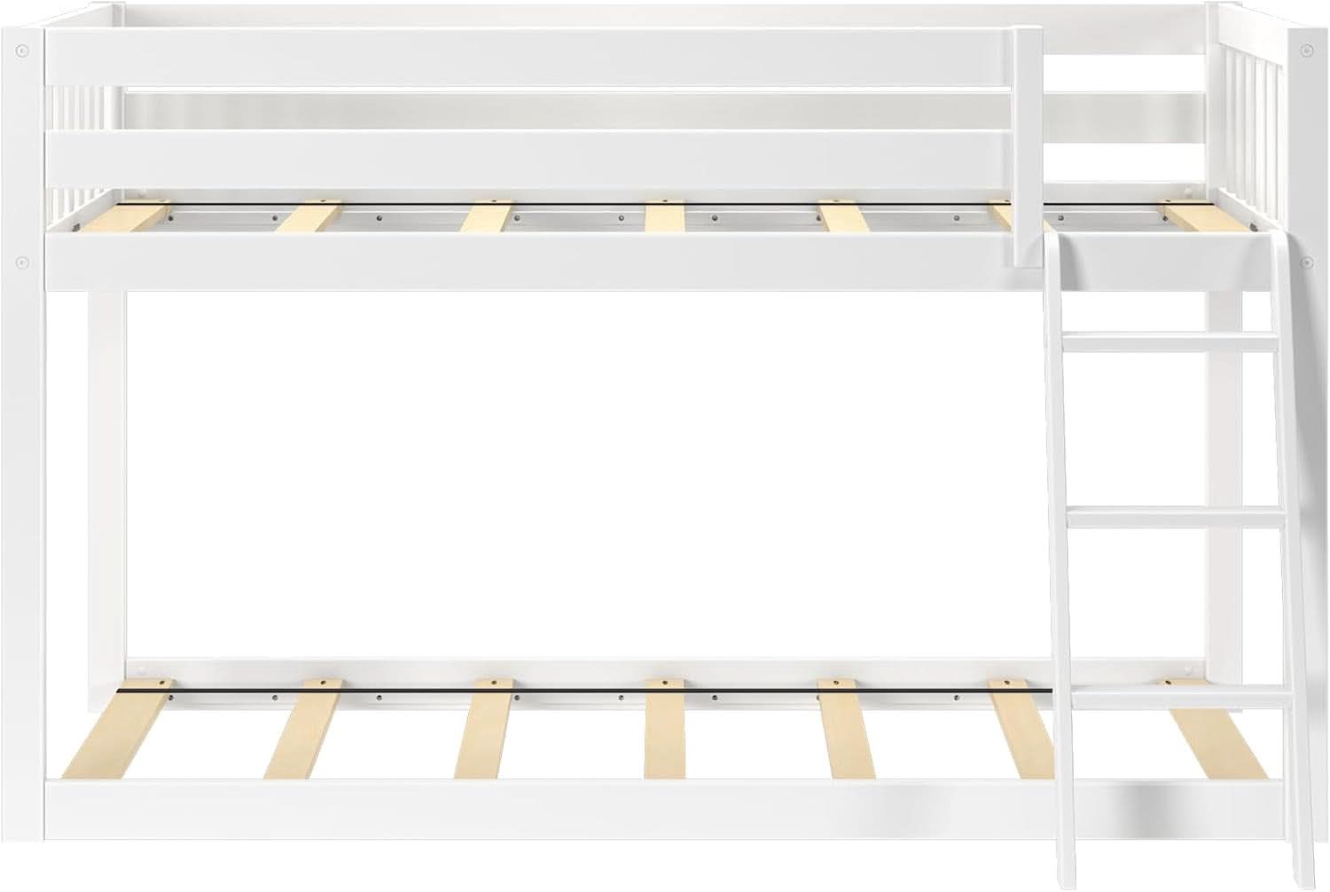 White Twin Low Bunk Bed Solid Wood Frame For Kids Safe
