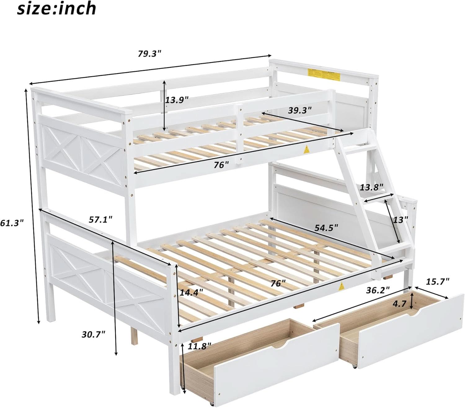 White Twin Over Full Bunk Bed With Storage Drawers