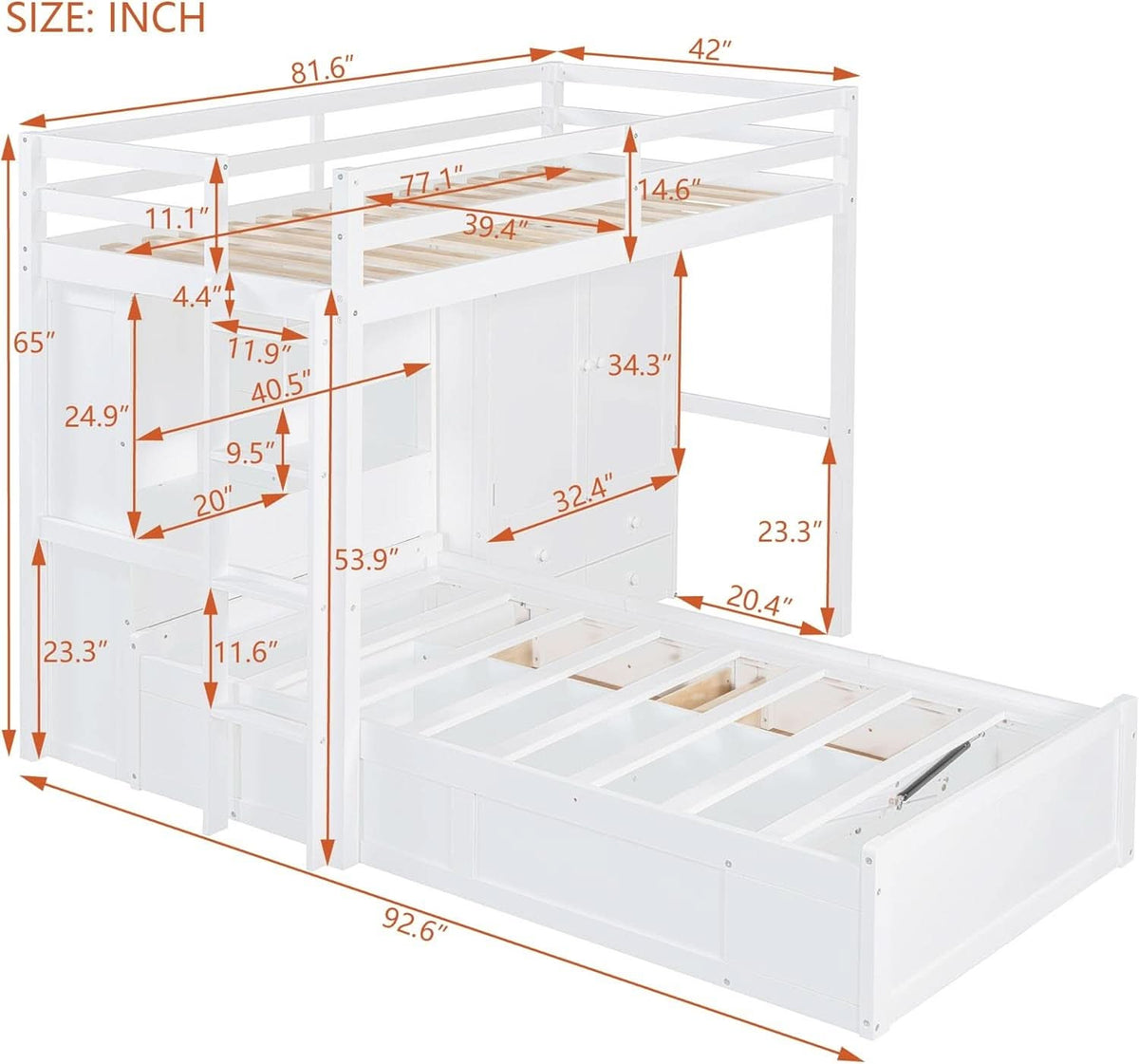 White Twin Over Twin Bunk Bed With Drawers And Wardrobe