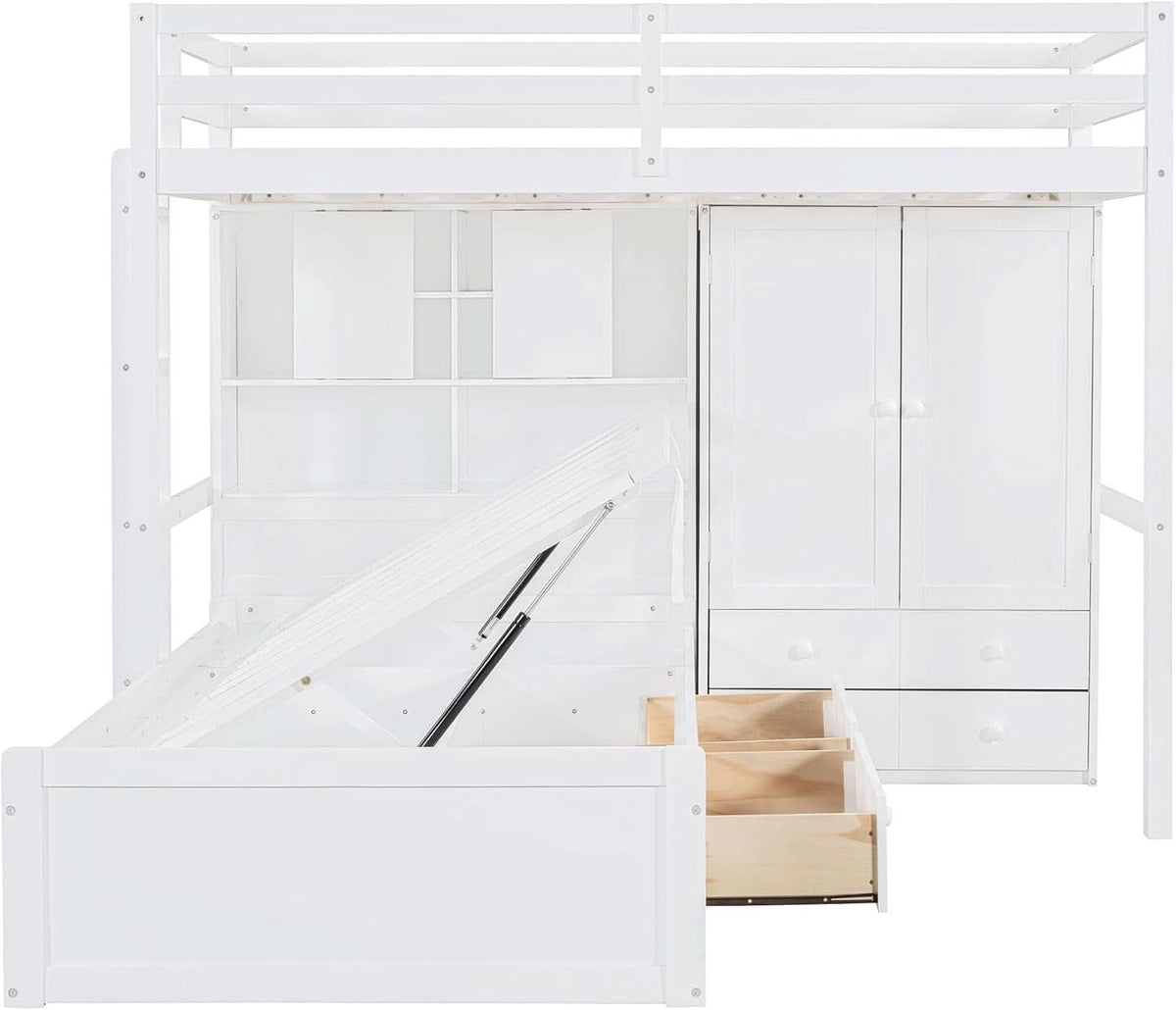 White Twin Over Twin Bunk Bed With Drawers And Wardrobe