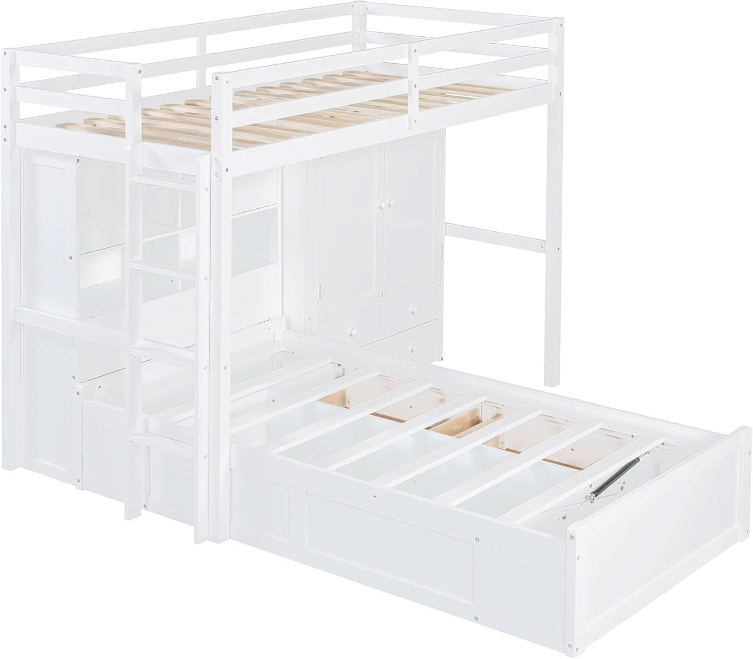 White Twin Over Twin Bunk Bed With Drawers And Wardrobe