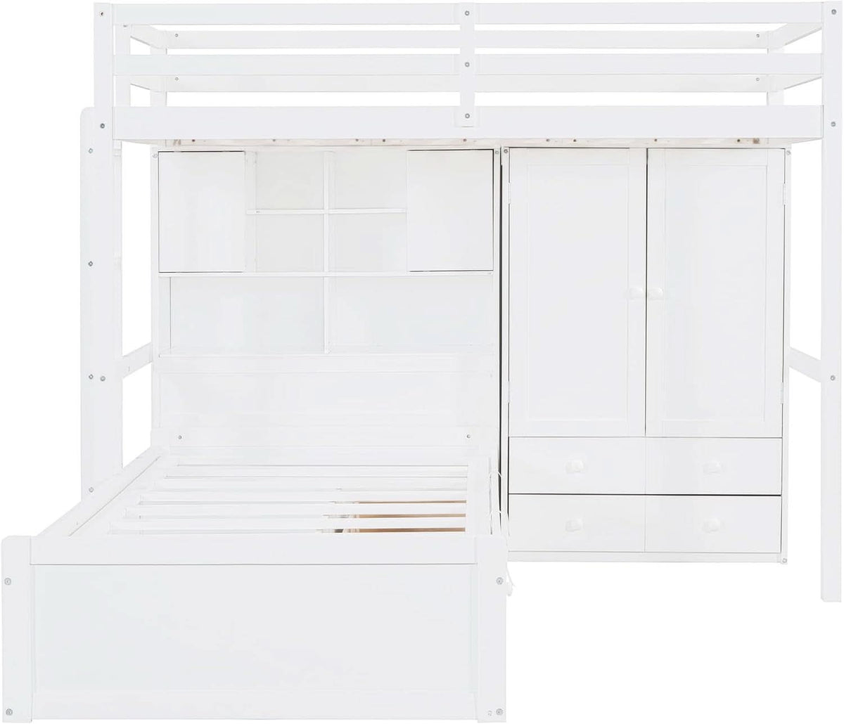 White Twin Over Twin Bunk Bed With Drawers And Wardrobe