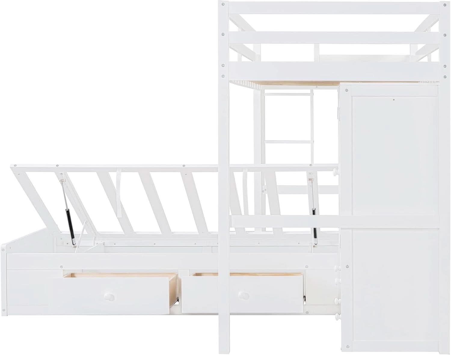White Twin Over Twin Bunk Bed With Drawers And Wardrobe