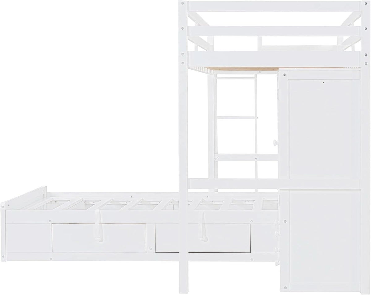 White Twin Over Twin Bunk Bed With Drawers And Wardrobe