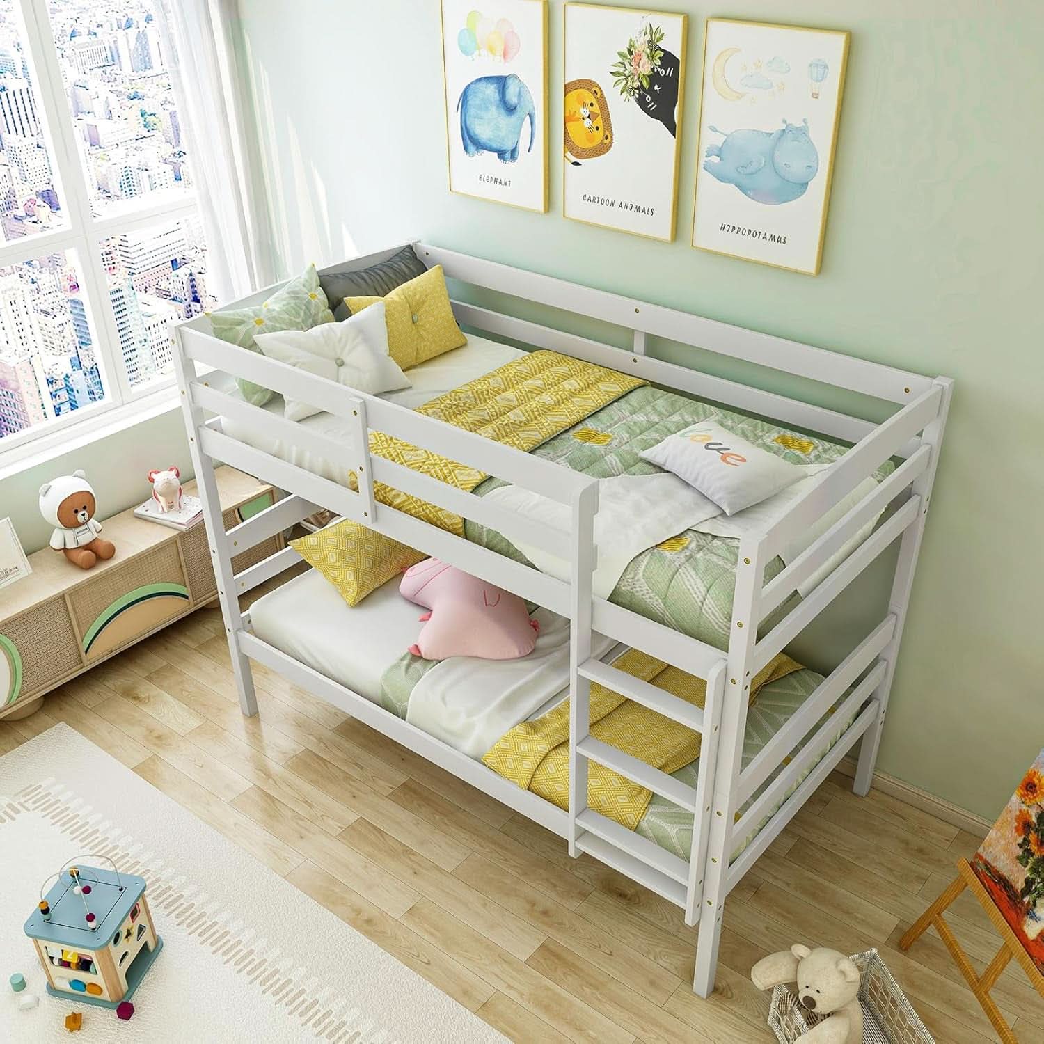 White Twin Over Twin Bunk Bed With Integrated Ladder