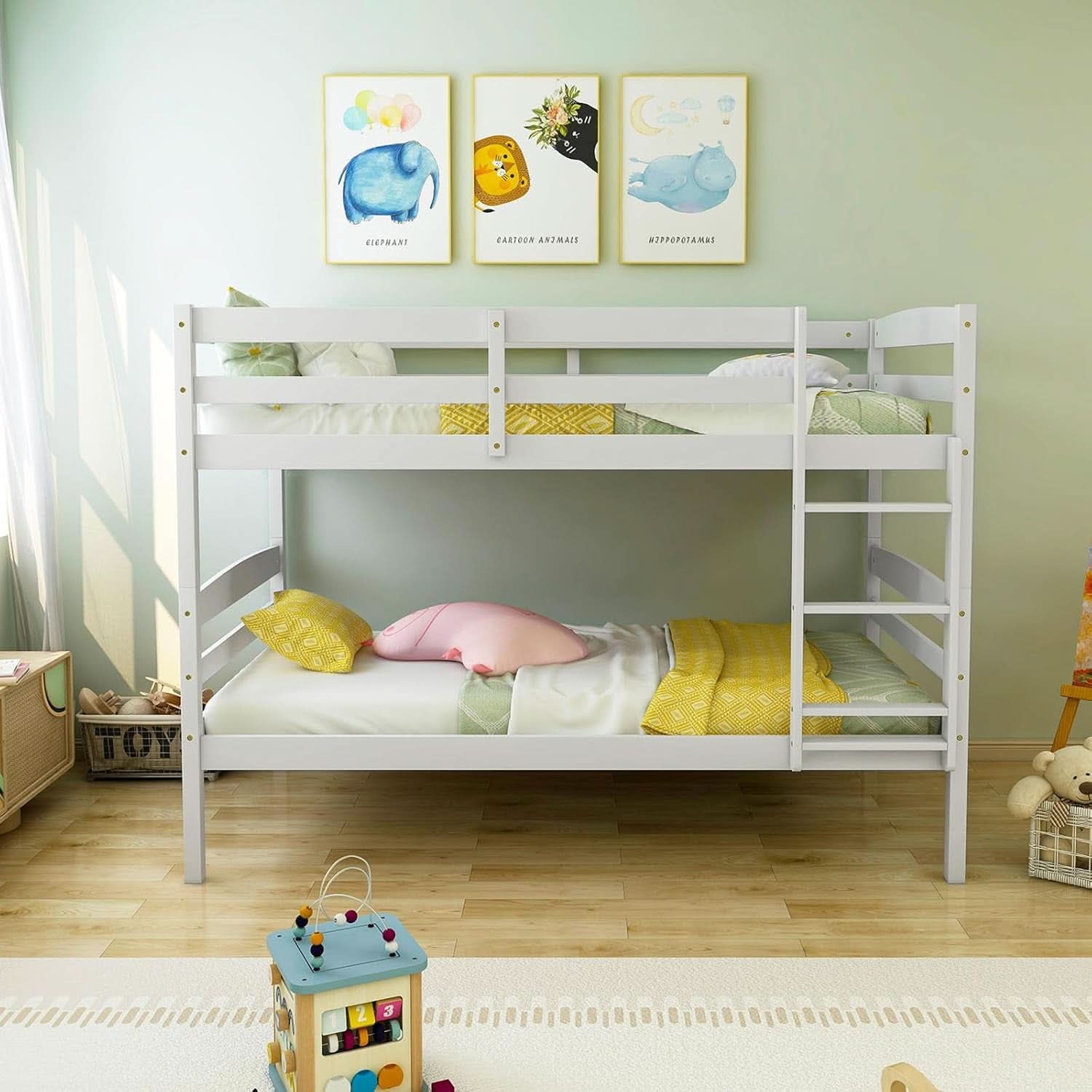 White Twin Over Twin Bunk Bed With Integrated Ladder