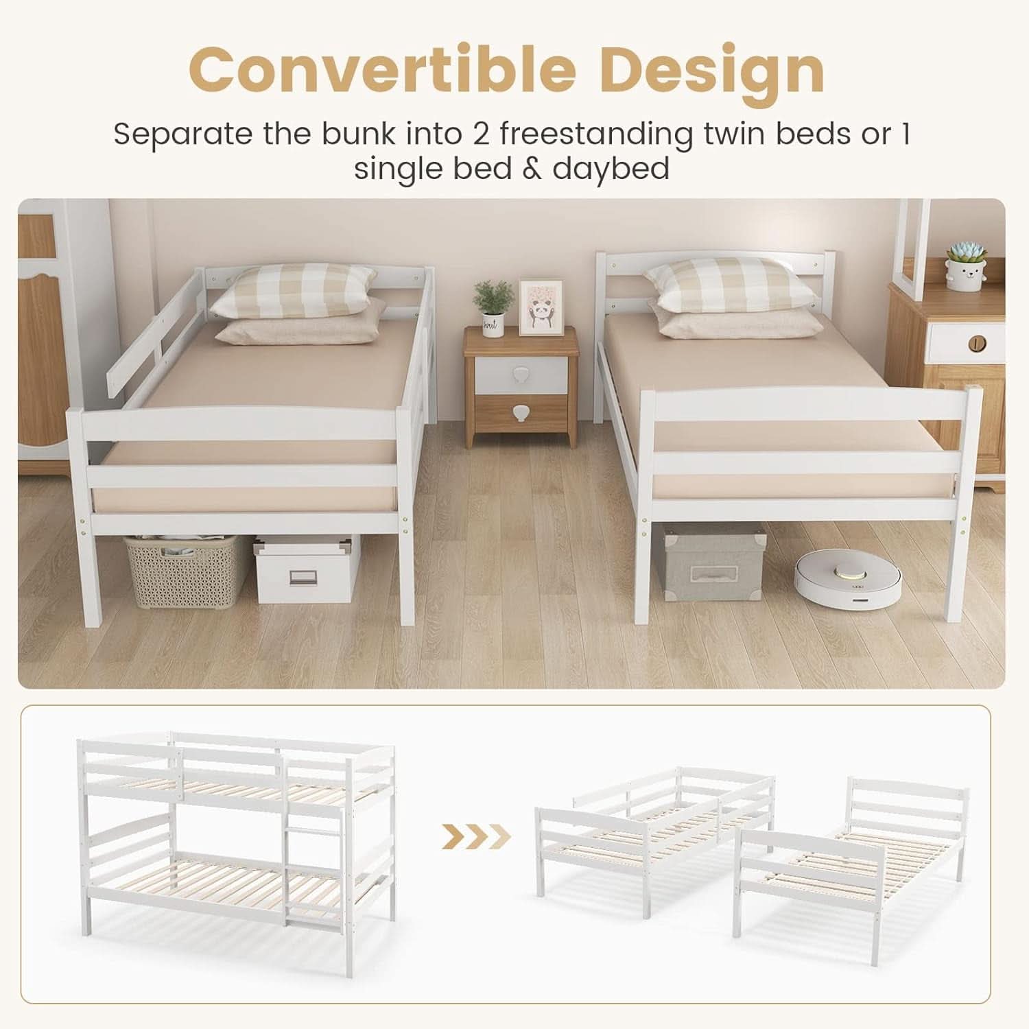 White Twin Over Twin Bunk Bed With Integrated Ladder