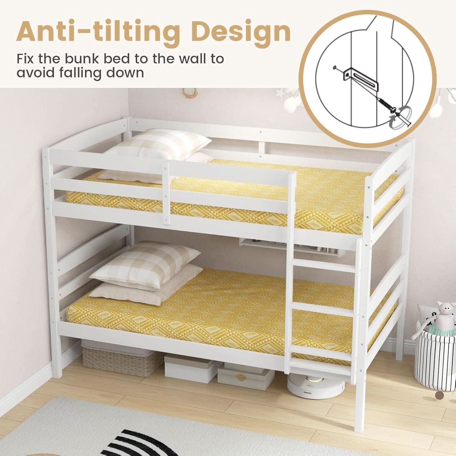 White Twin Over Twin Bunk Bed With Integrated Ladder