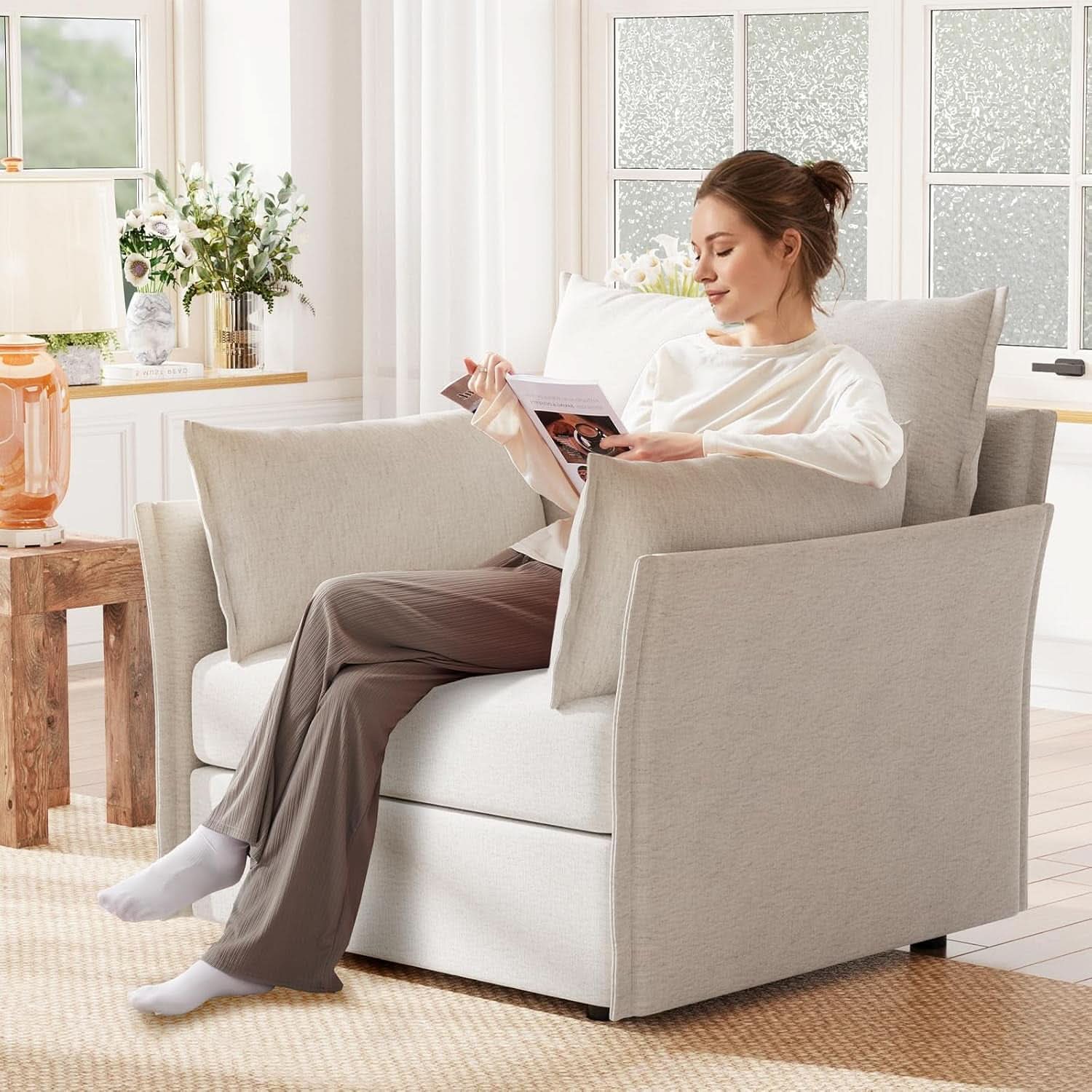 White Upholstered Accent Chair With Removable Backrest