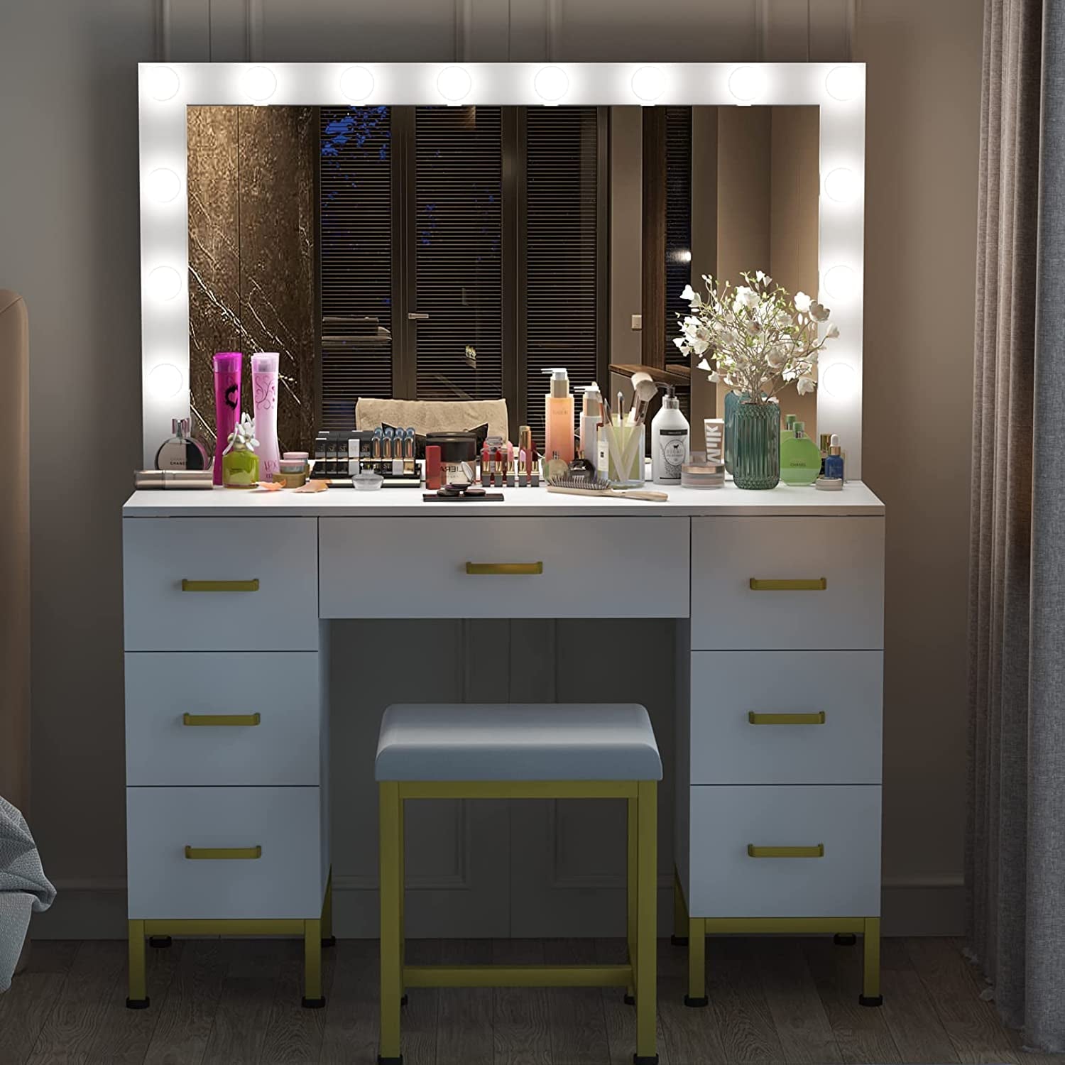 White Vanity Desk Set With Lighted Mirror For Bedroom