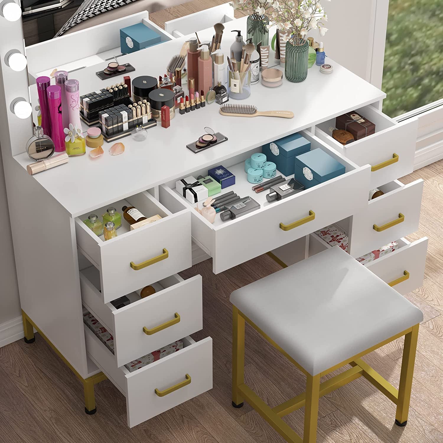 White Vanity Desk Set With Lighted Mirror For Bedroom