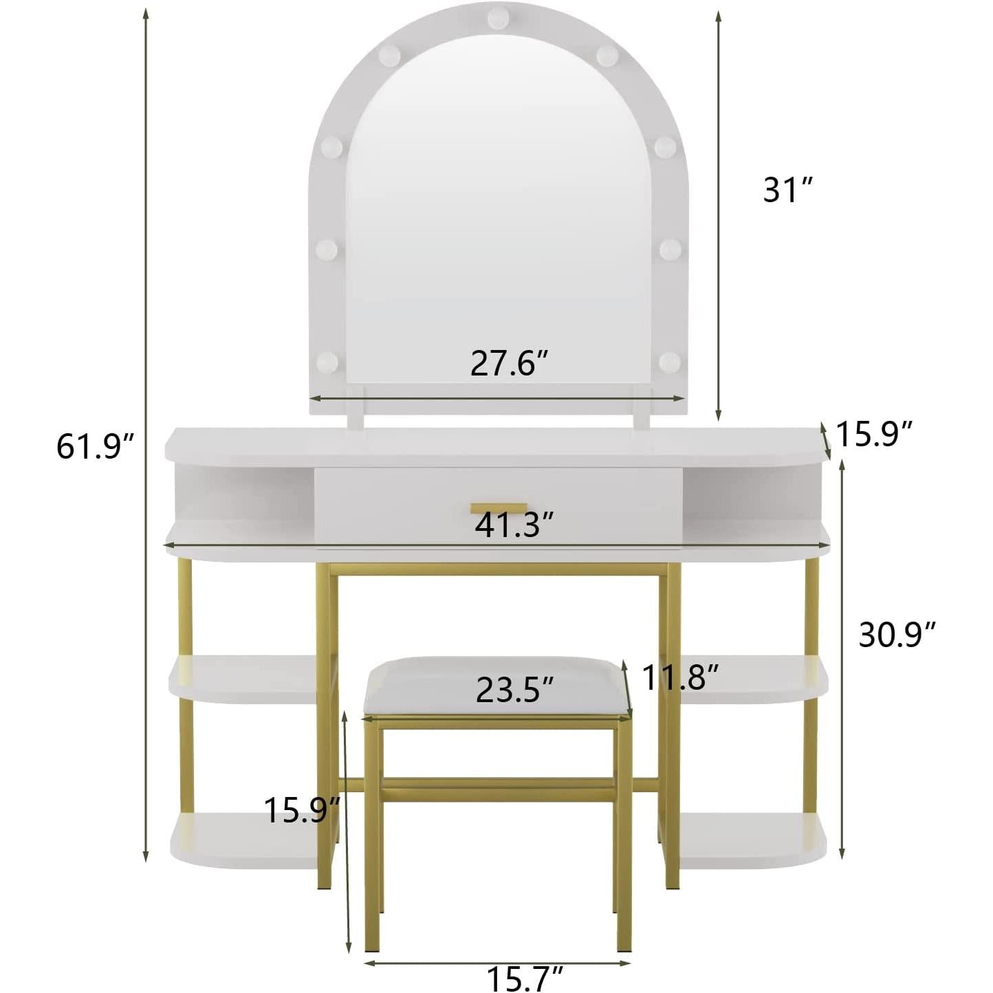 White Vanity Desk With Drawers And Built In Mirror Lights