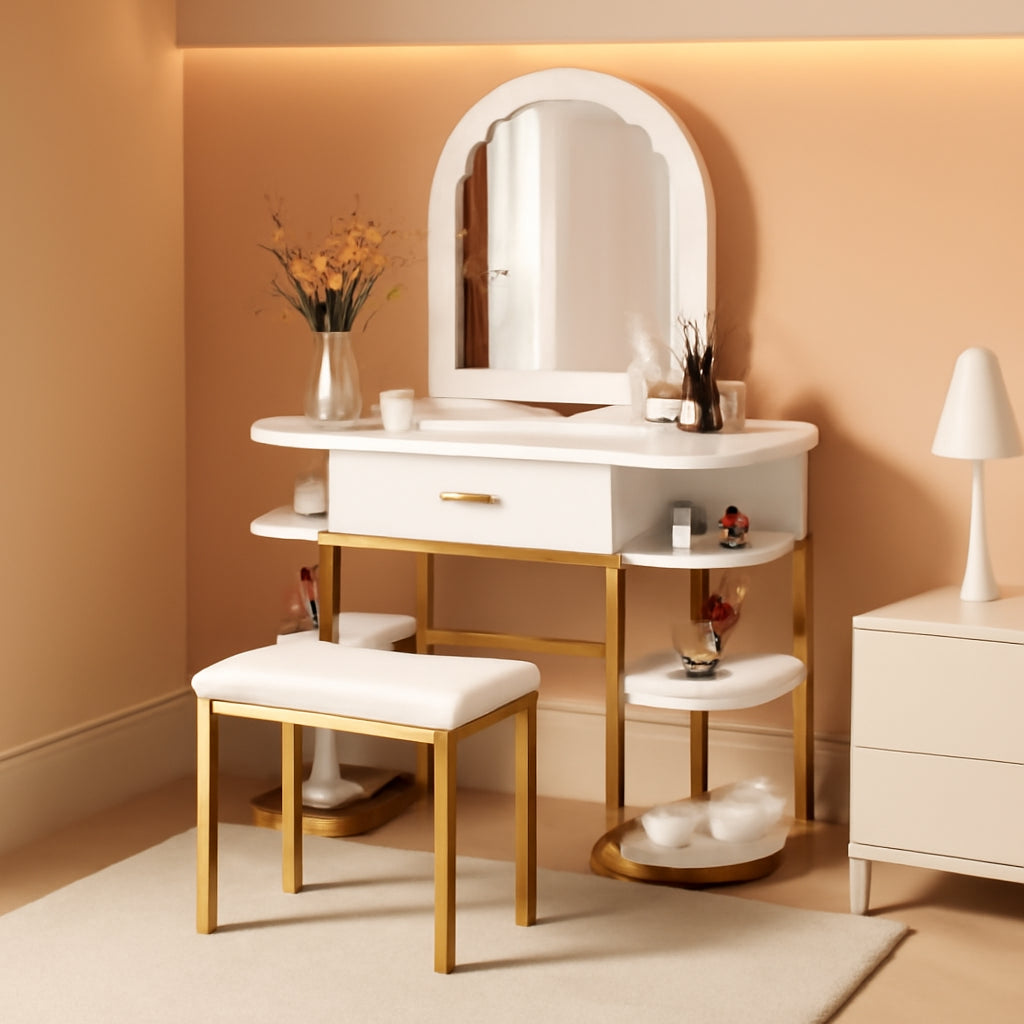 White Vanity Desk With Drawers And Built In Mirror Lights