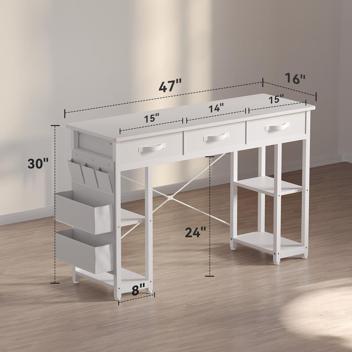 White Vanity Desk With LED Lighting And Fabric Drawers