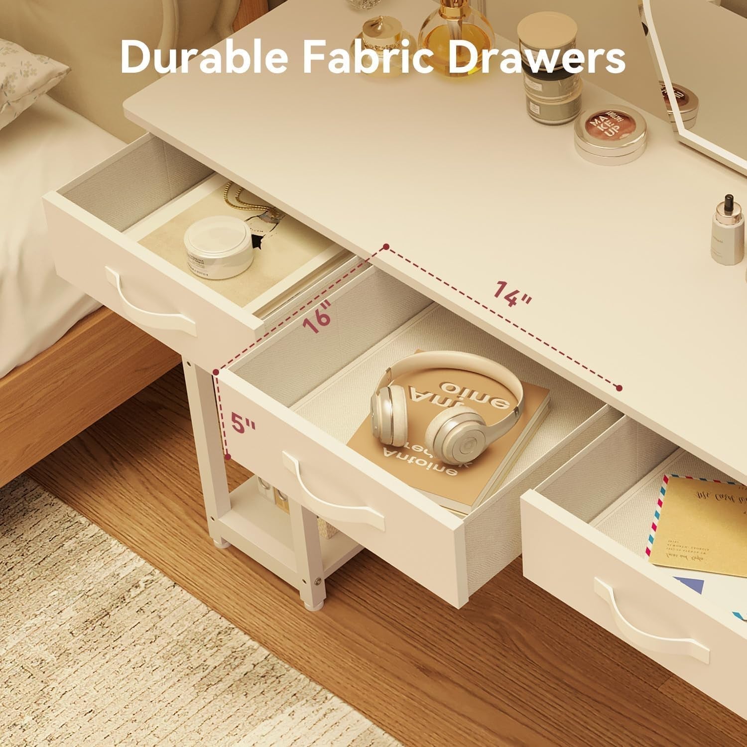 White Vanity Desk With LED Lighting And Fabric Drawers